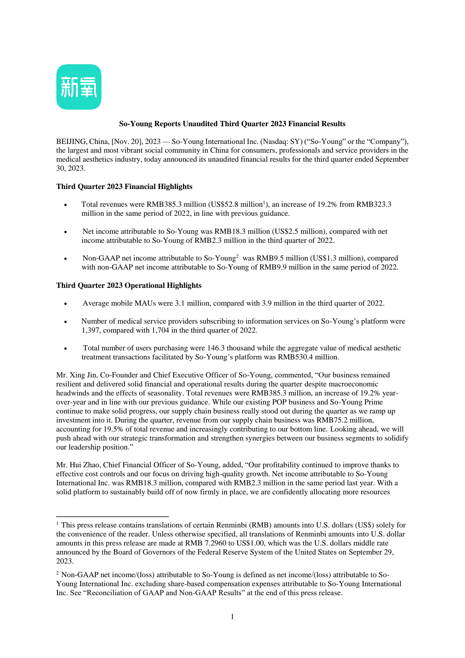 So-Young International's Q3 2023 Press Release