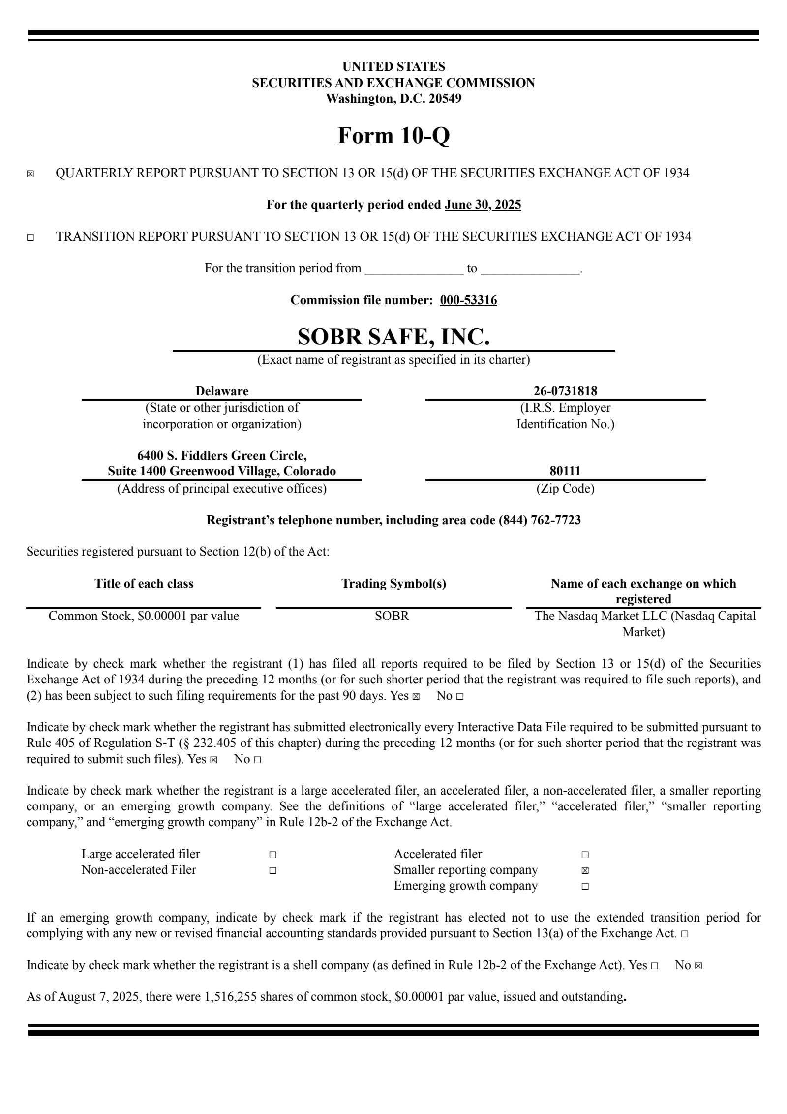 SOBR Safe's Q2 2025 Quarterly report