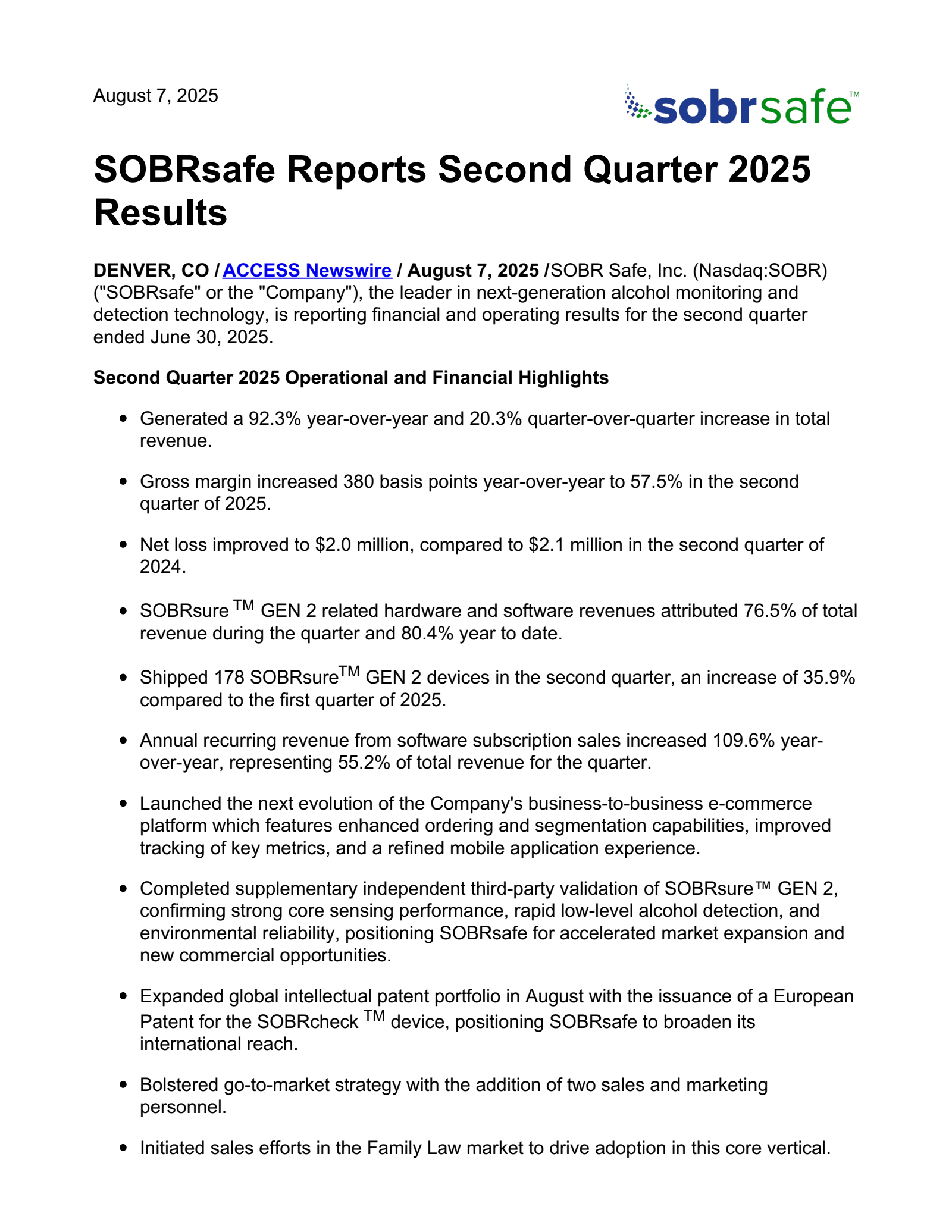 SOBR Safe's Q2 2025 Press Release