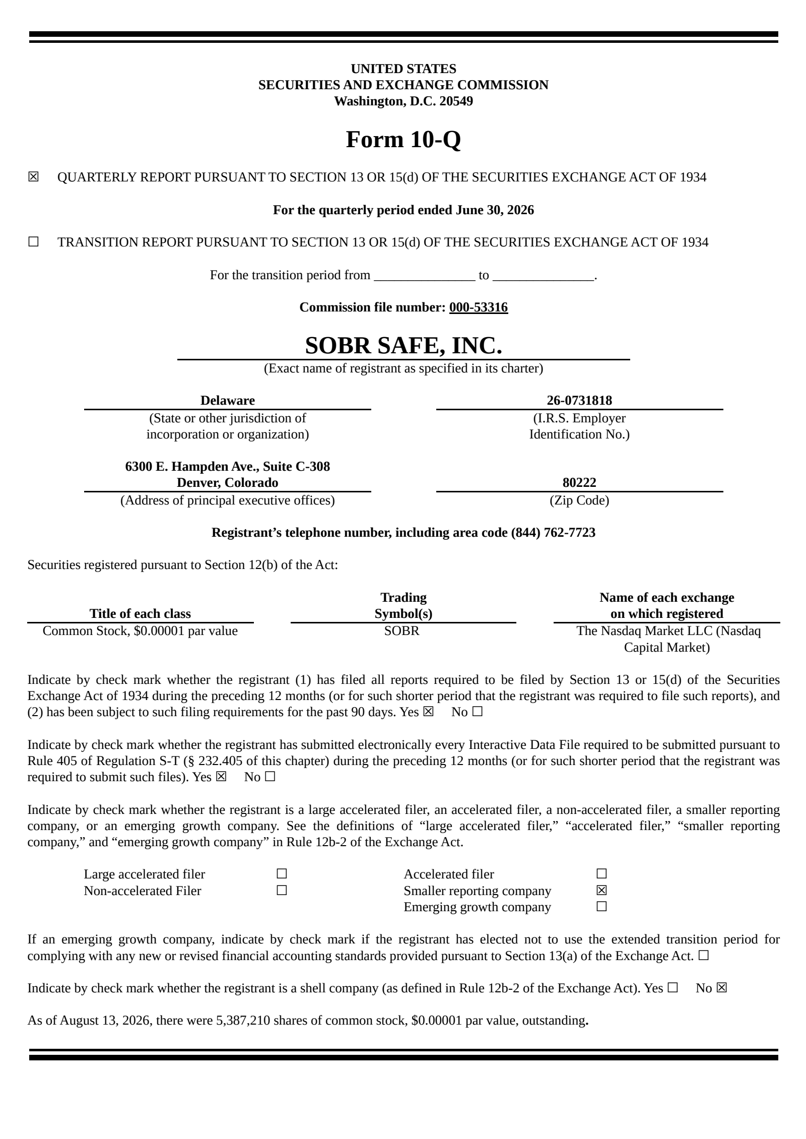 SOBR Safe's Q2 2026 Quarterly report