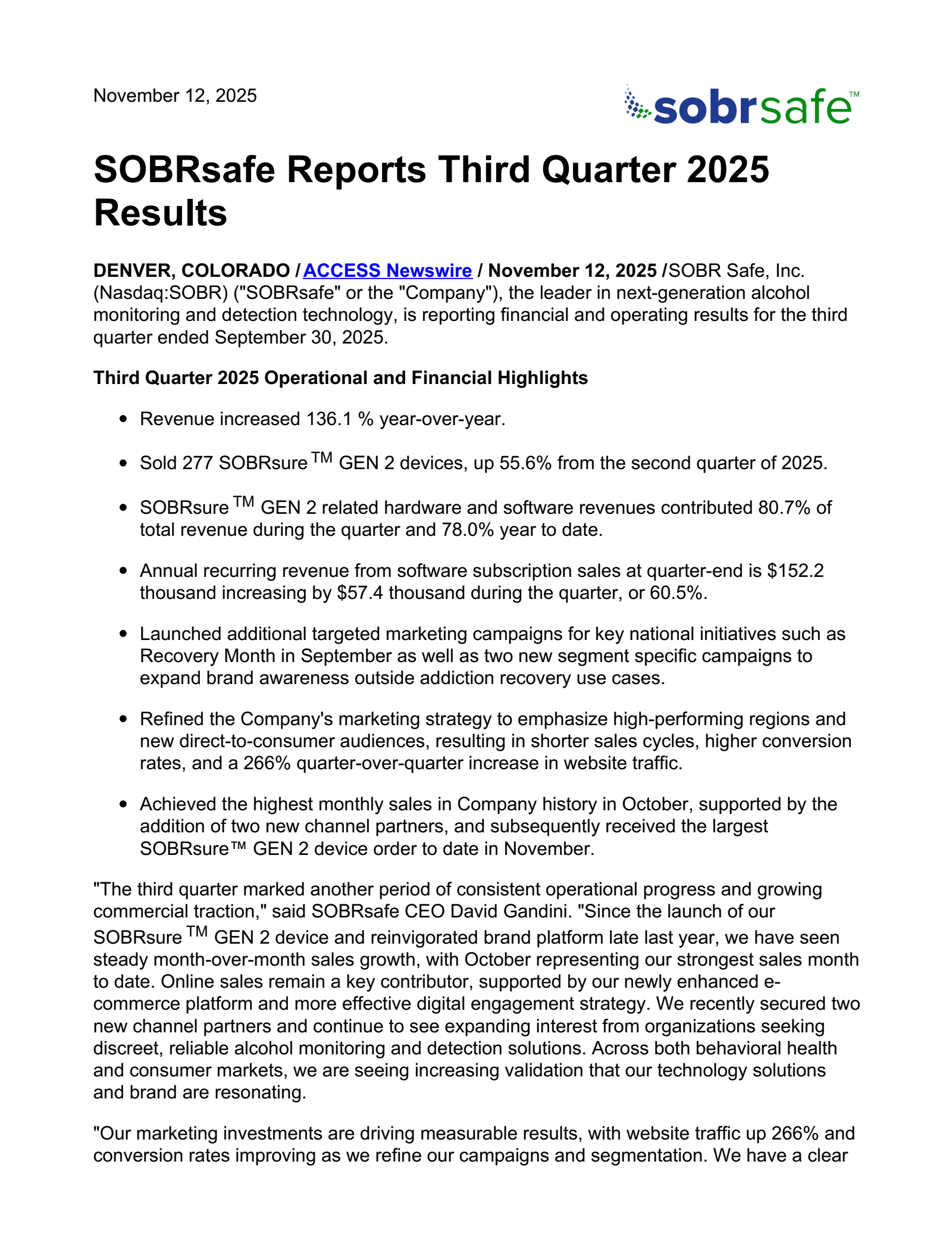 SOBR Safe's Q3 2025 Earnings Release