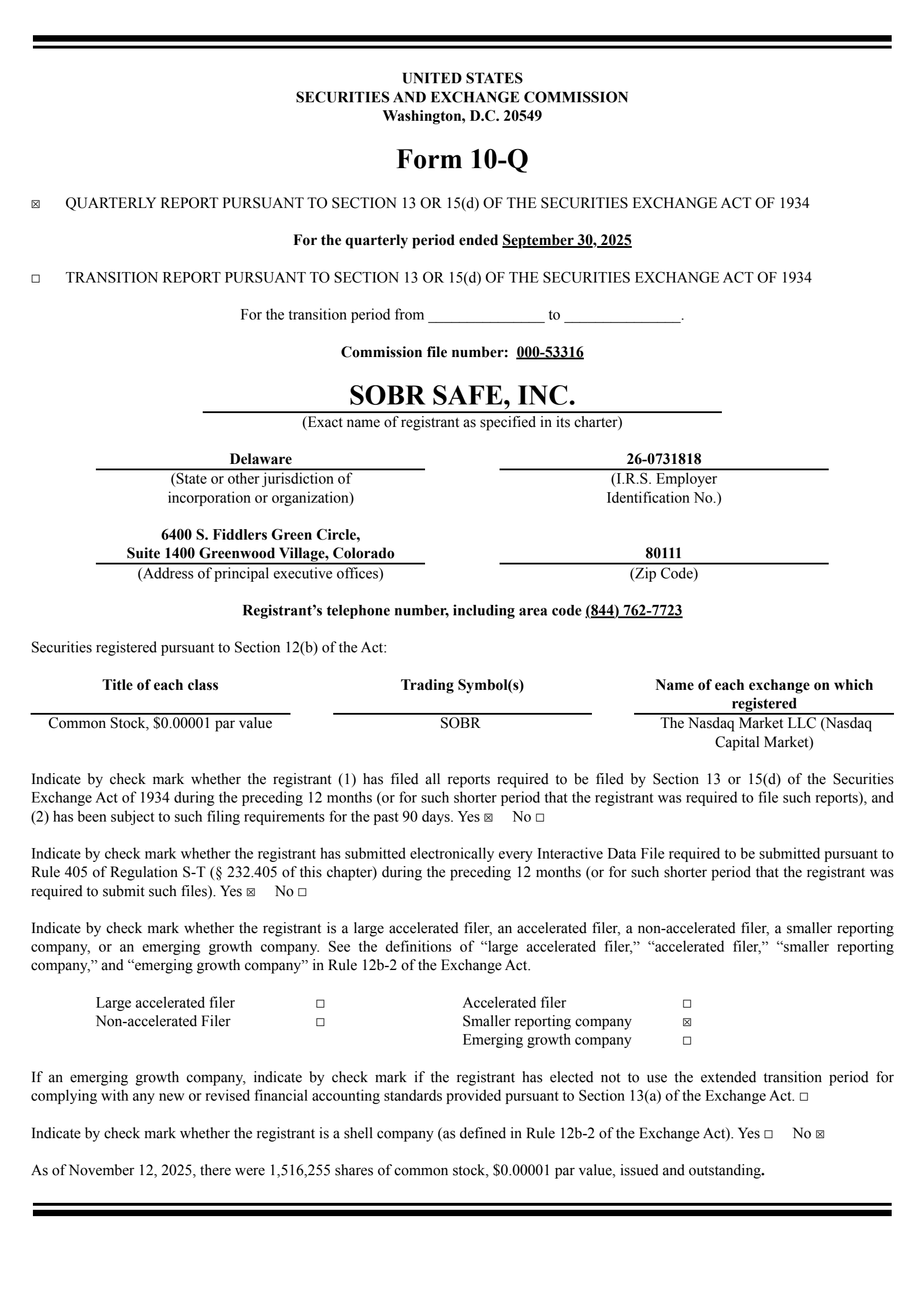 SOBR Safe's Q3 2025 Quarterly Report