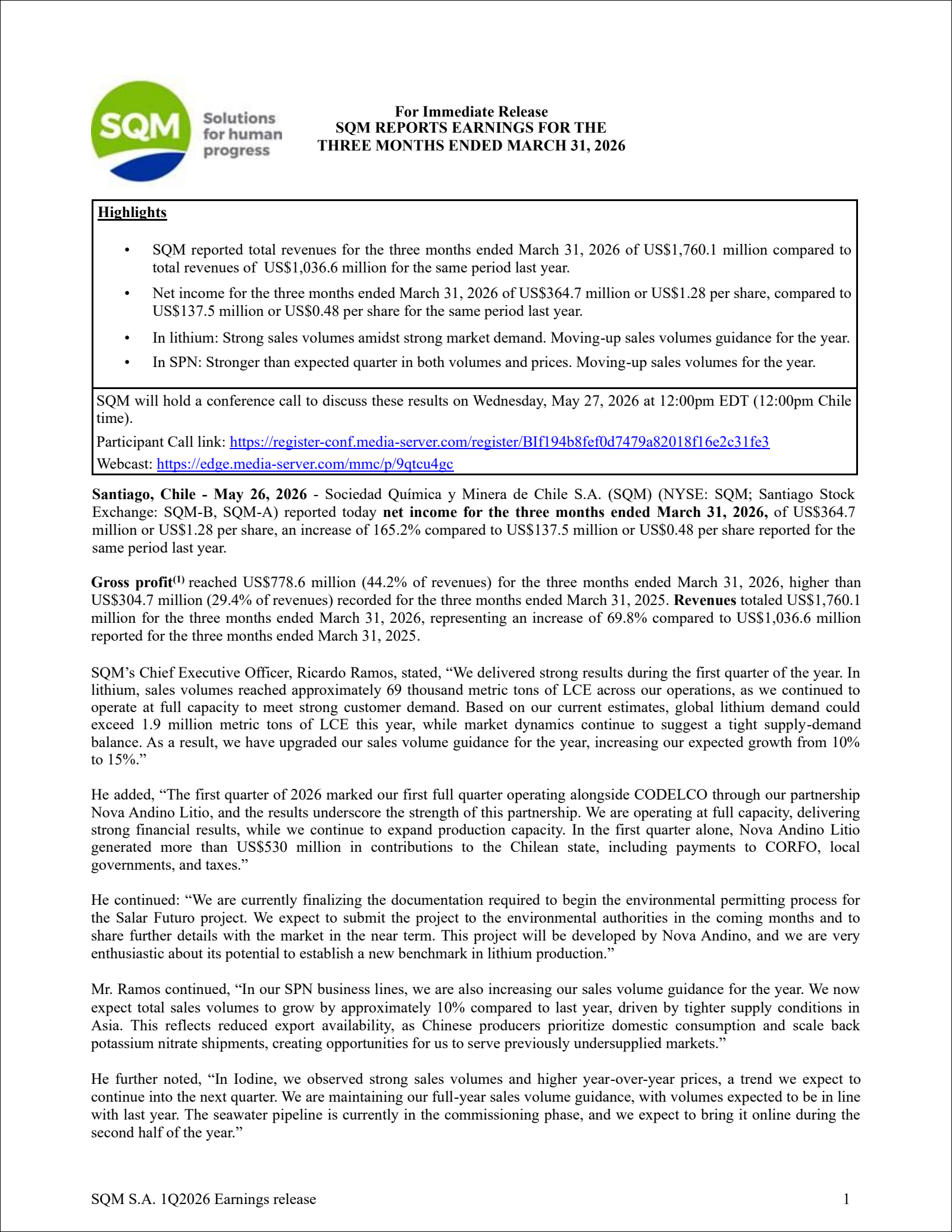 Sociedad Quimica y Minera's Q1 2026 Press Release