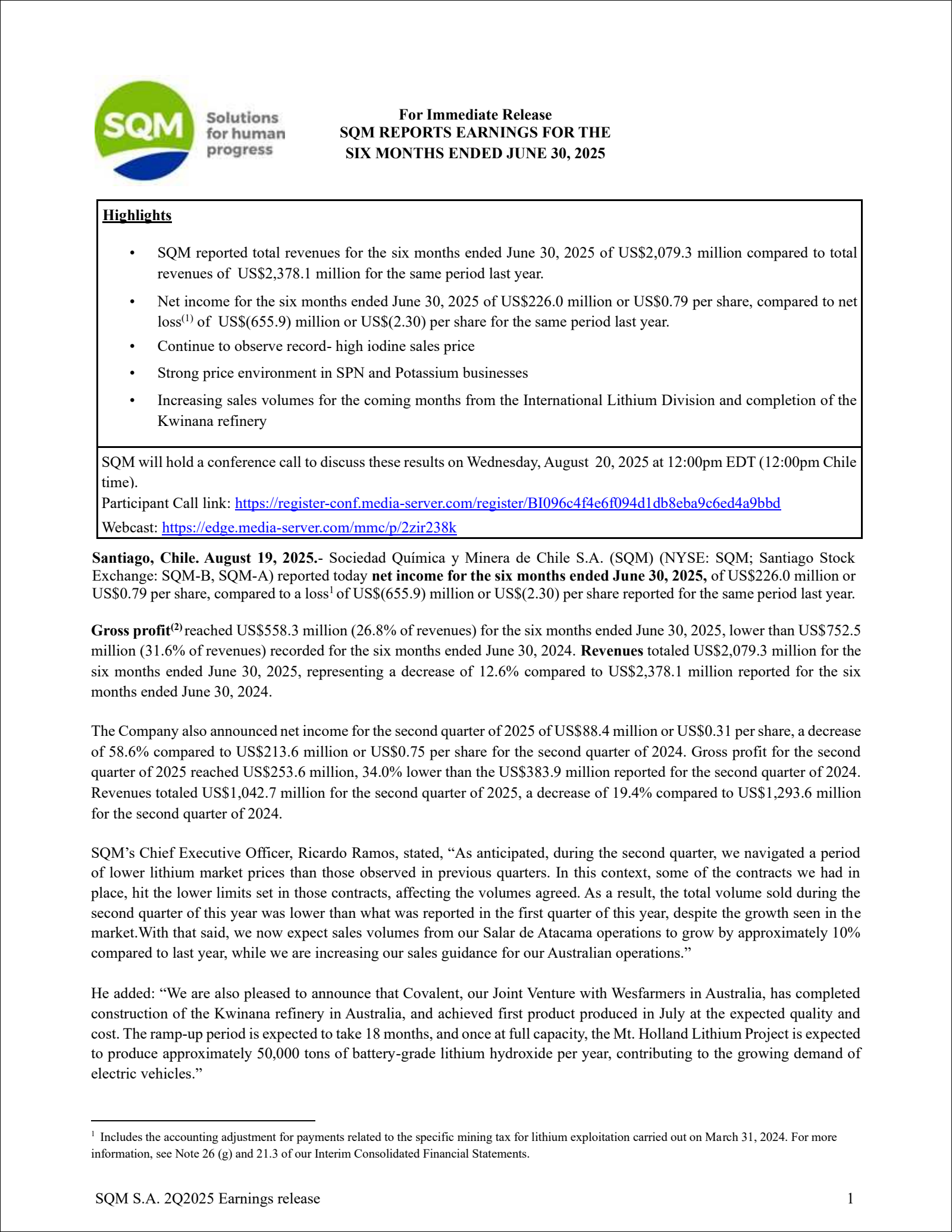 Sociedad Quimica y Minera's Q2 2025 Press Release