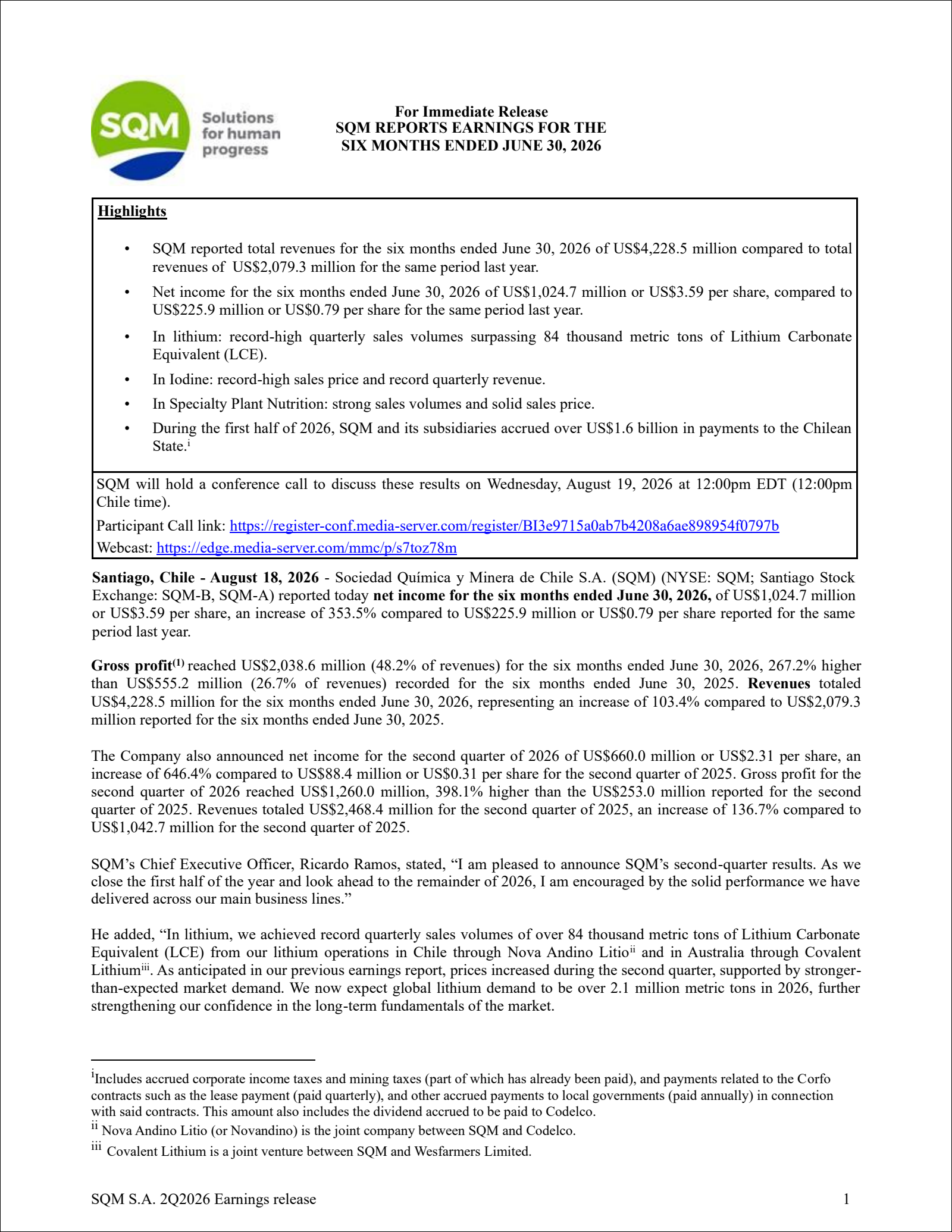 Sociedad Quimica y Minera's Q2 2026 Press Release