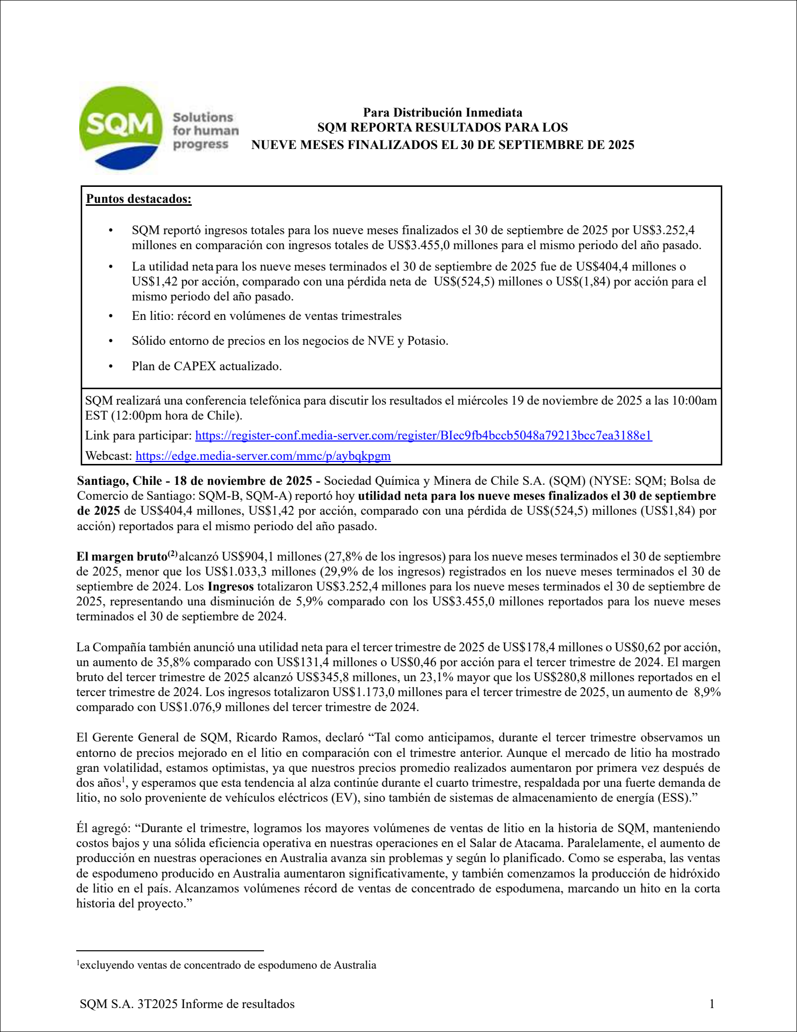 Sociedad Quimica y Minera's Q3 2025 Earnings Release