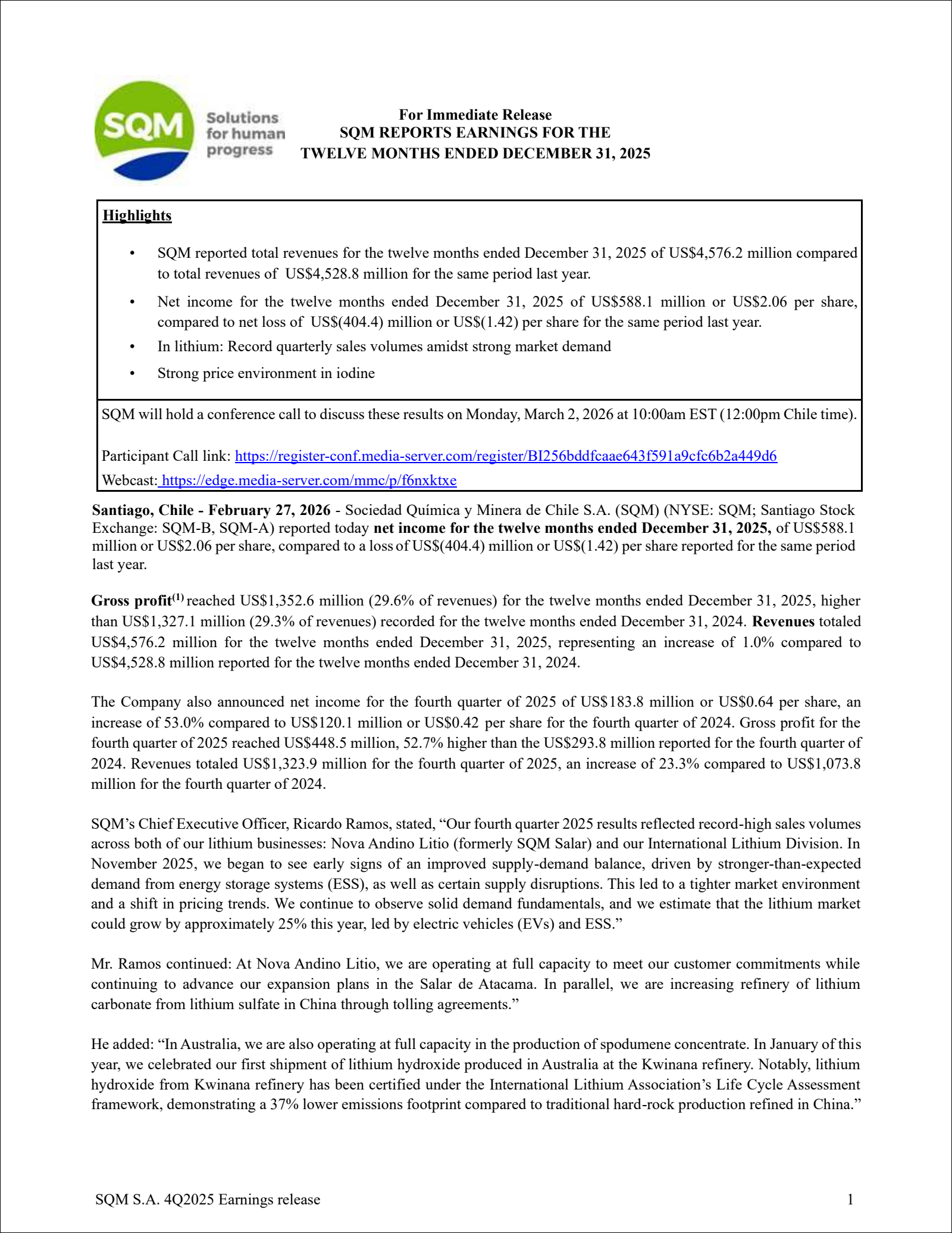 Sociedad Quimica y Minera's Q4 2025 Press Release