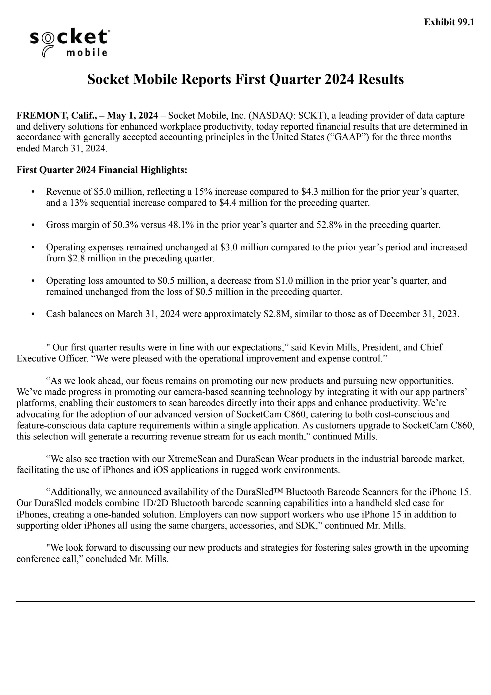 Socket Mobile's Q1 2024 Press Release