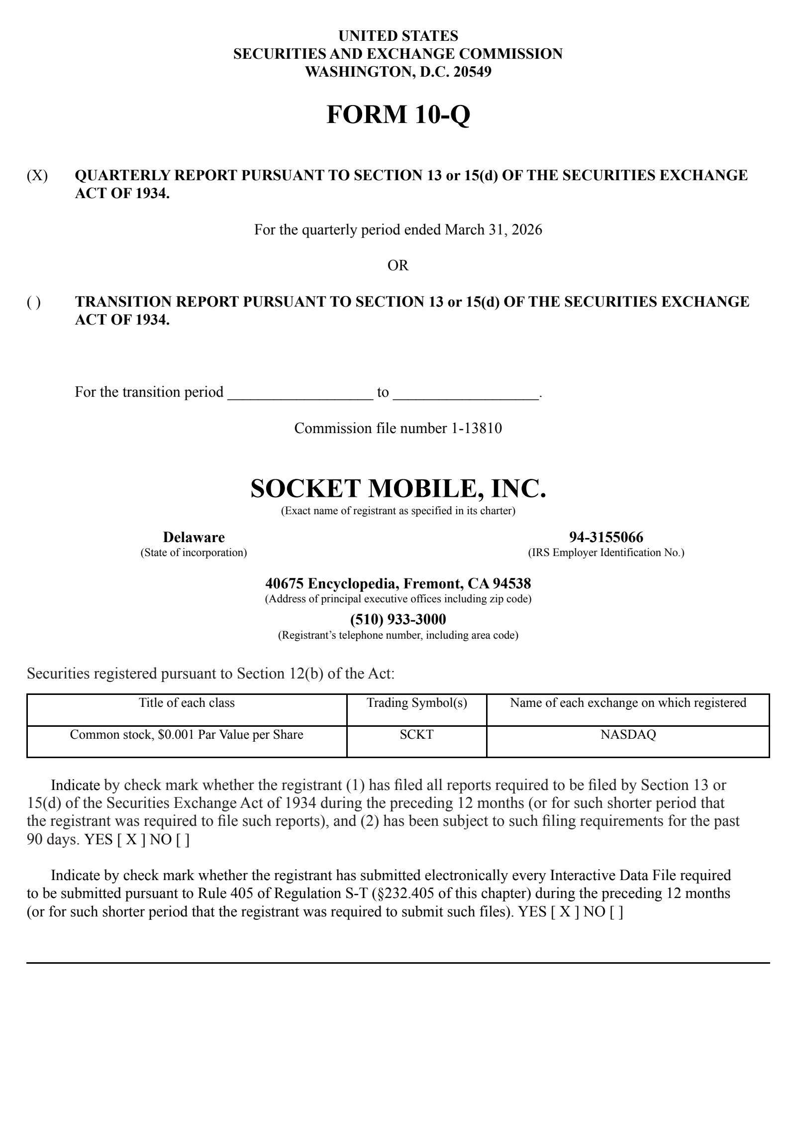 Socket Mobile's Q1 2026 Quarterly report