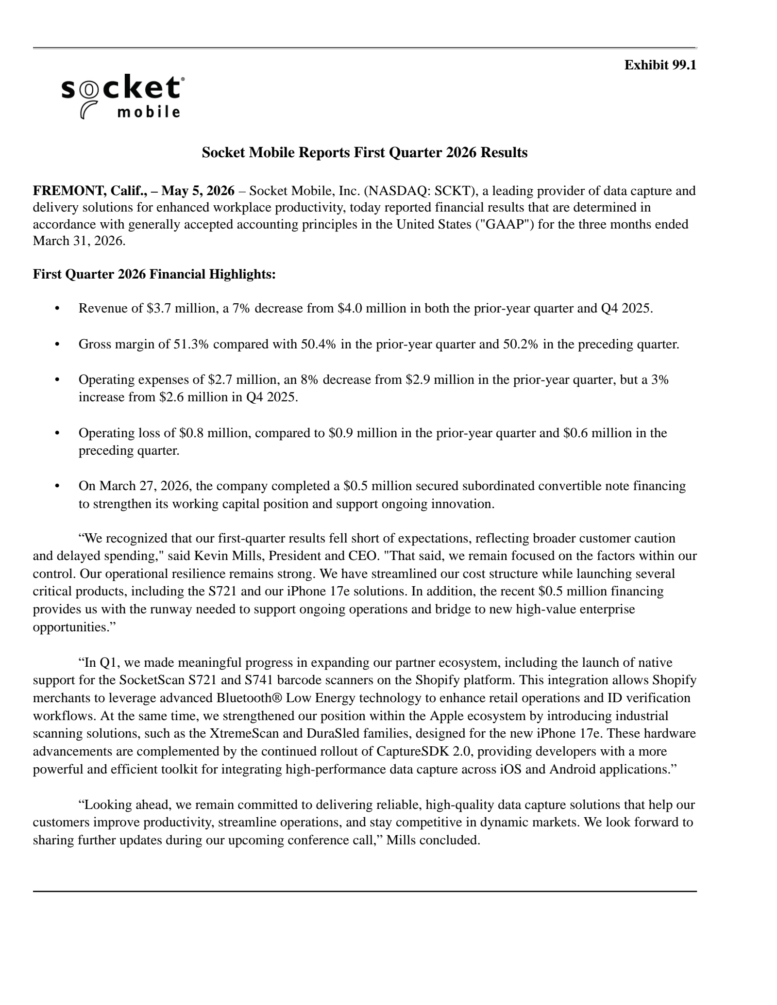 Socket Mobile's Q1 2026 Press Release