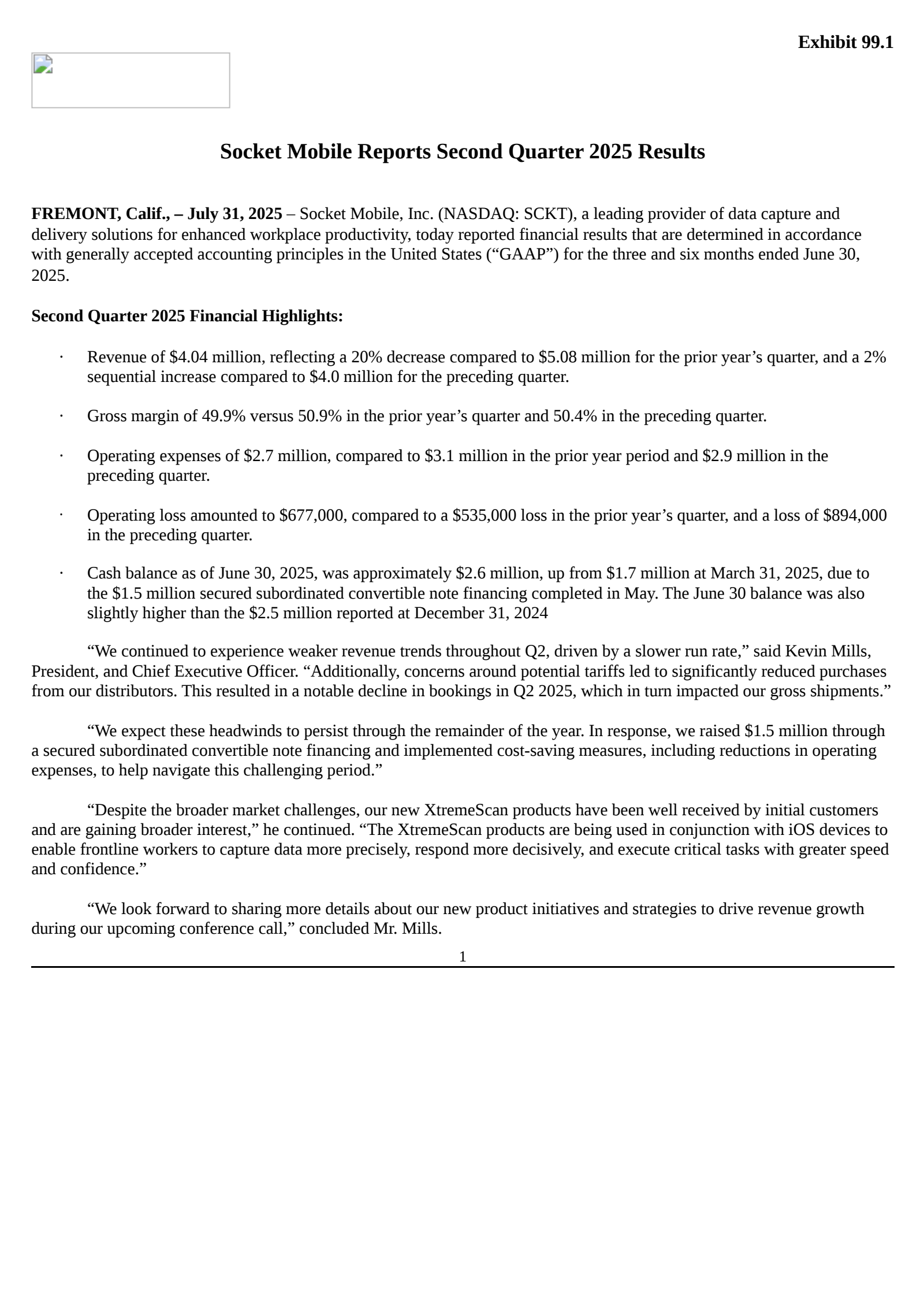 Socket Mobile's Q2 2025 Press Release