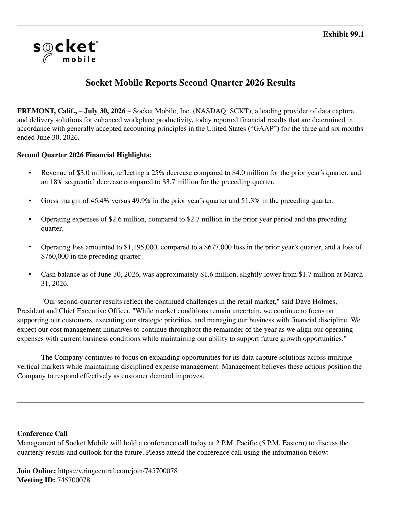 Socket Mobile's Q2 2026 Press Release