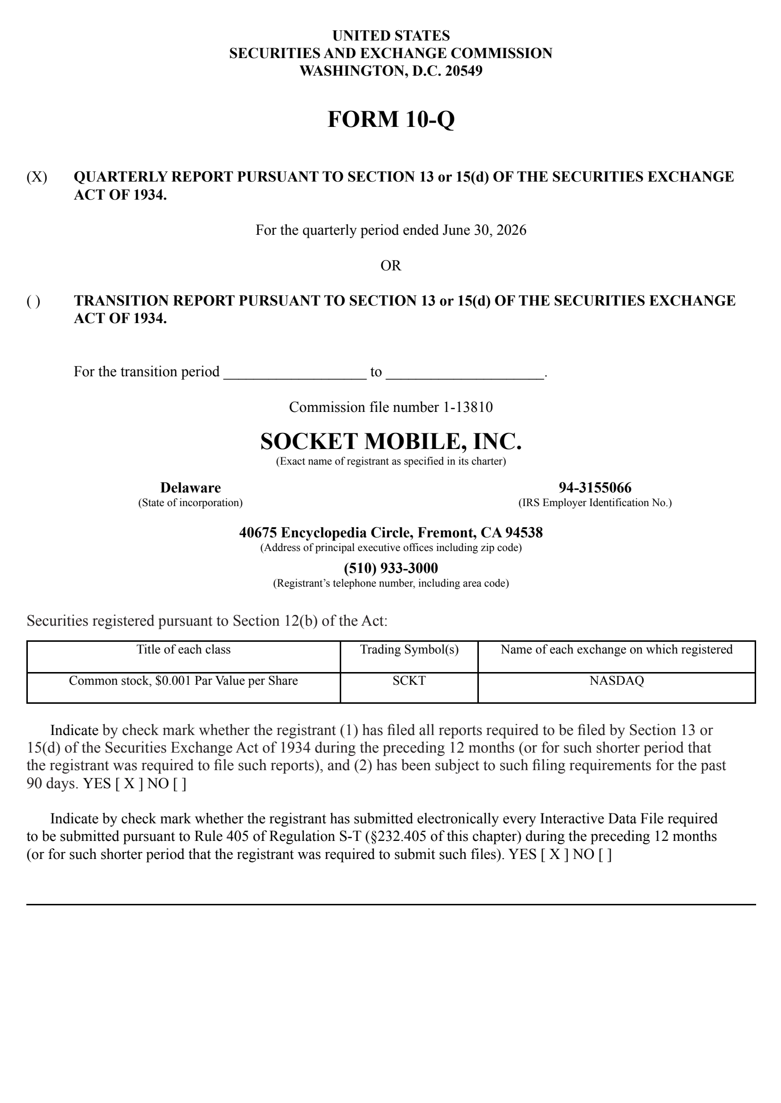 Socket Mobile's Q2 2026 Quarterly report