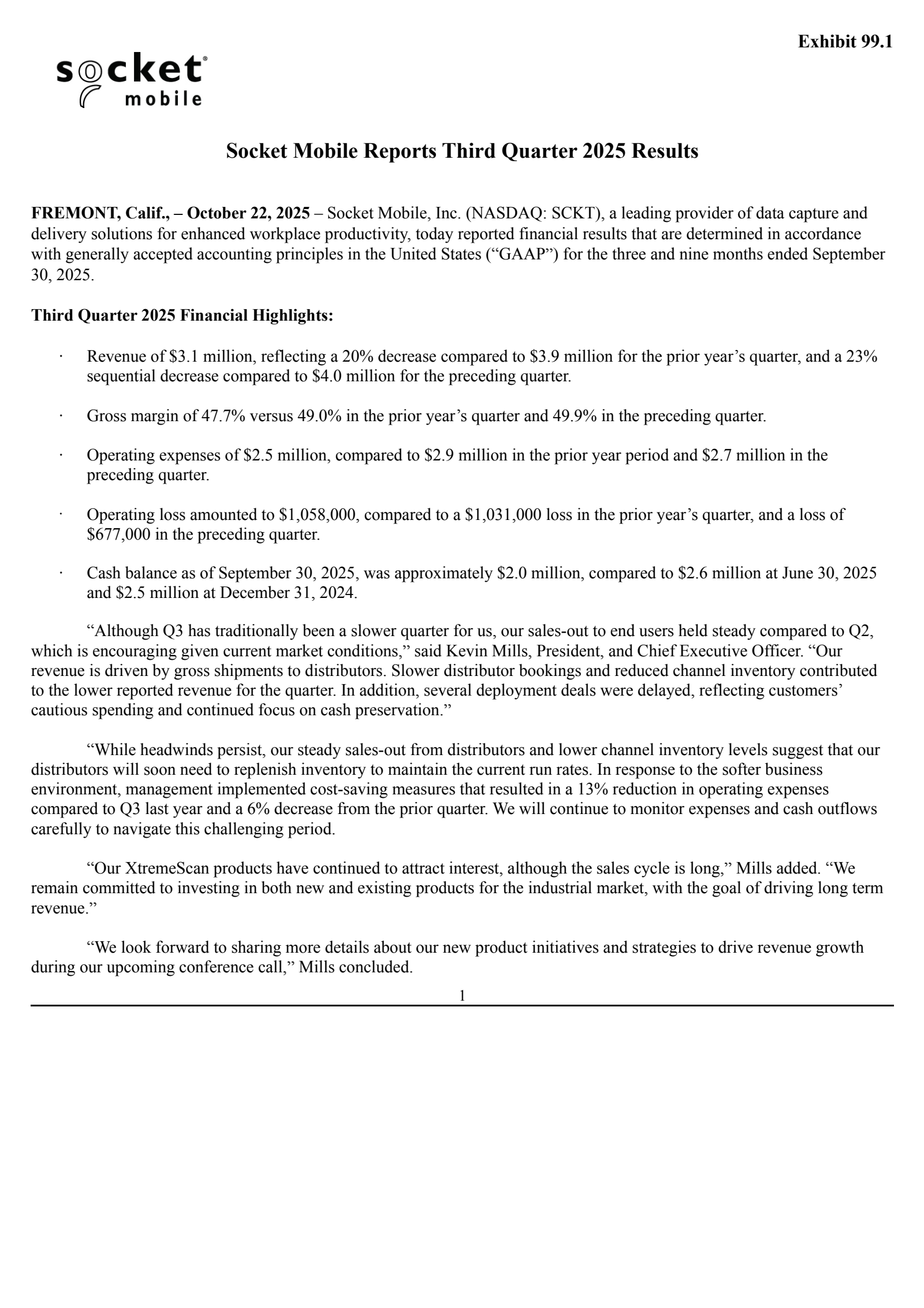 Socket Mobile's Q3 2025 Earnings Release