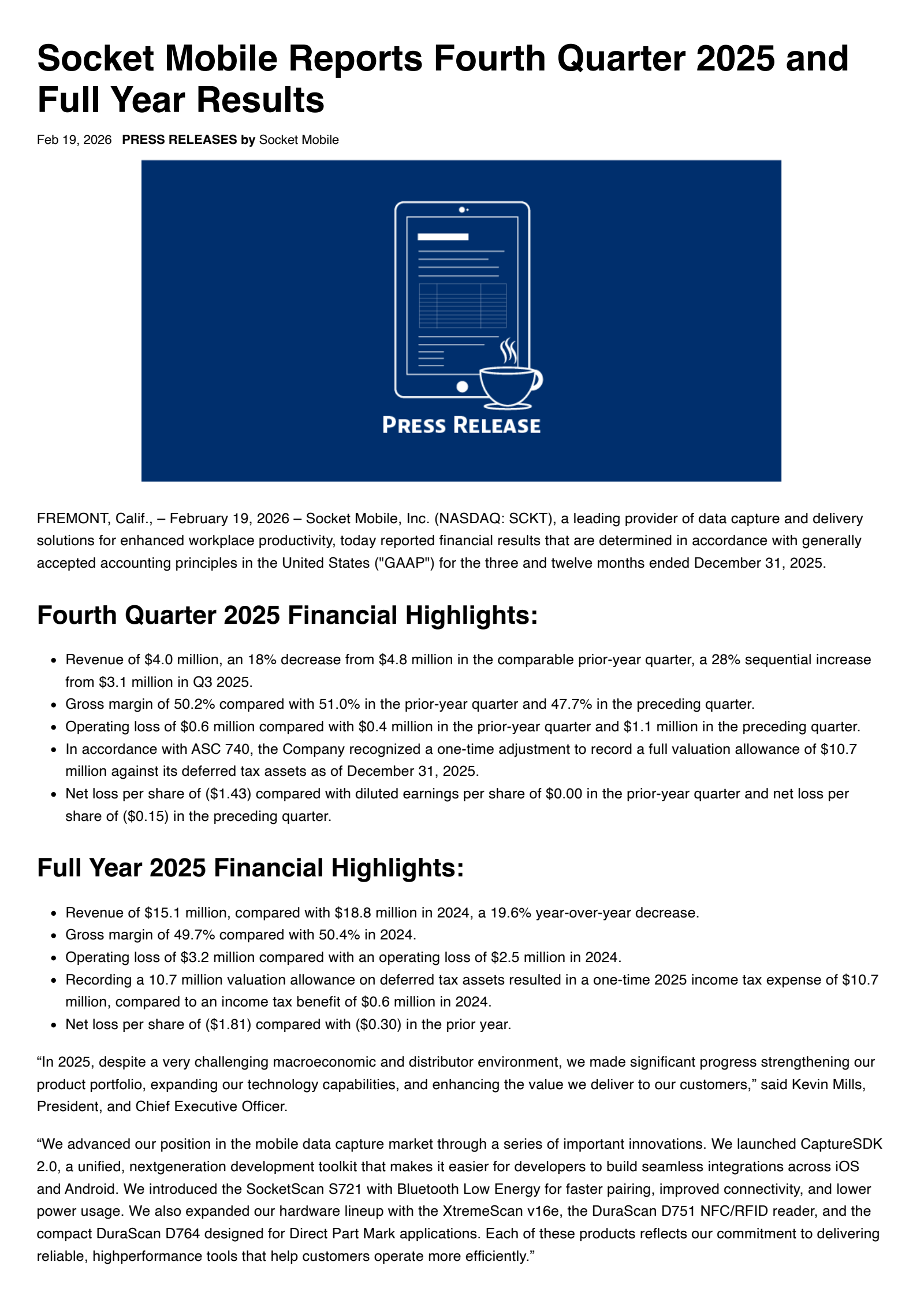 Socket Mobile's Q4 2025 Press Release
