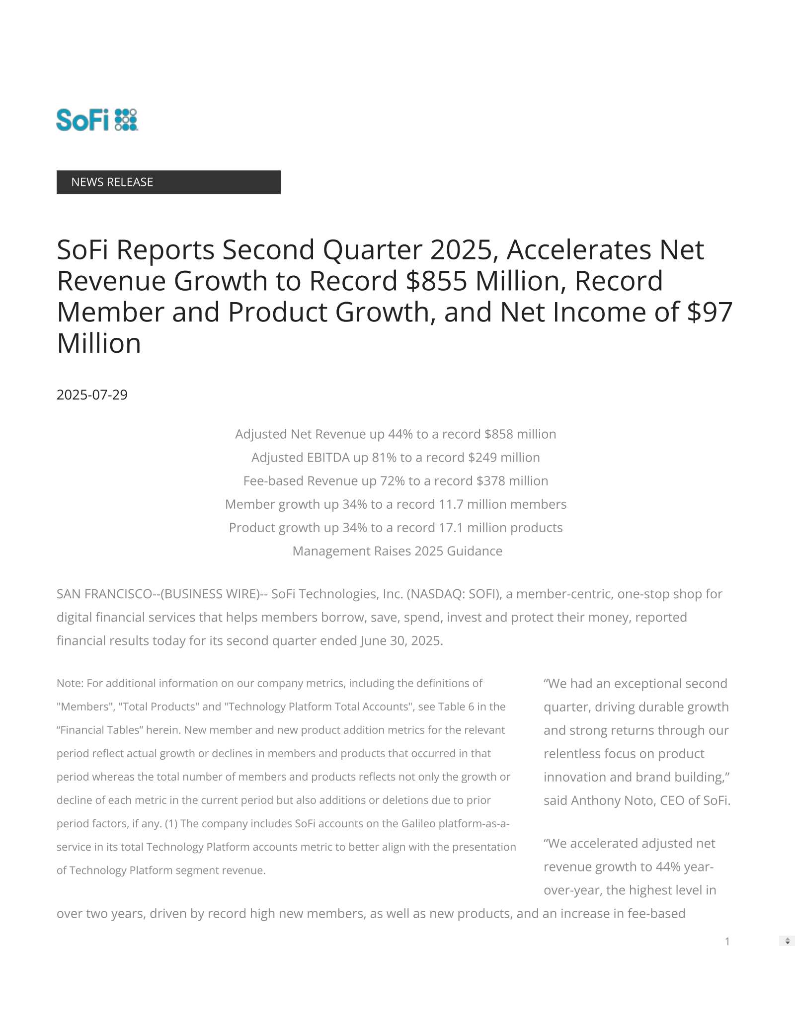 SoFi Technologies' Q2 2025 Press Release
