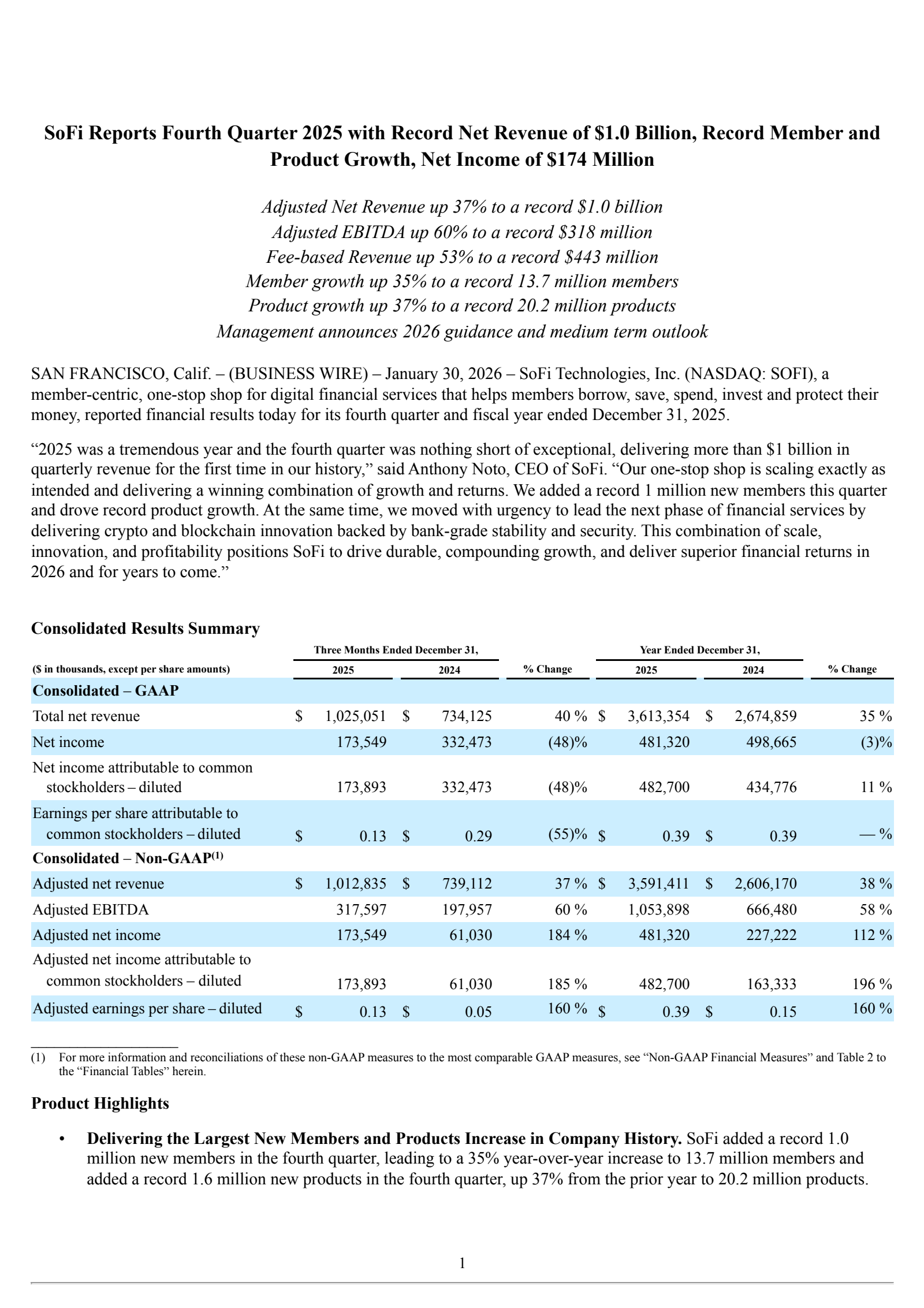 SoFi Technologies' Q4 2025 Press Release