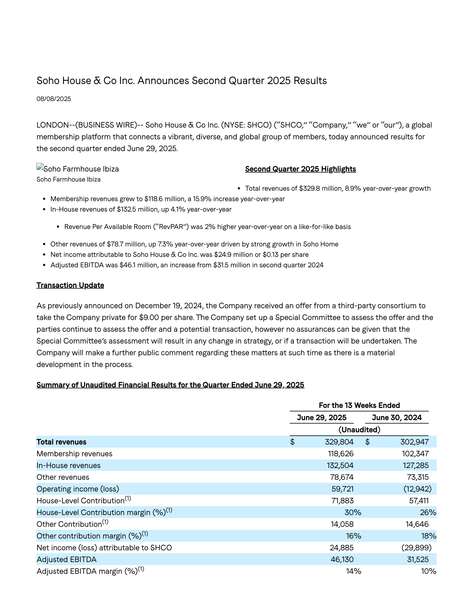 Soho House & Co Inc.'s Q2 2025 Press Release