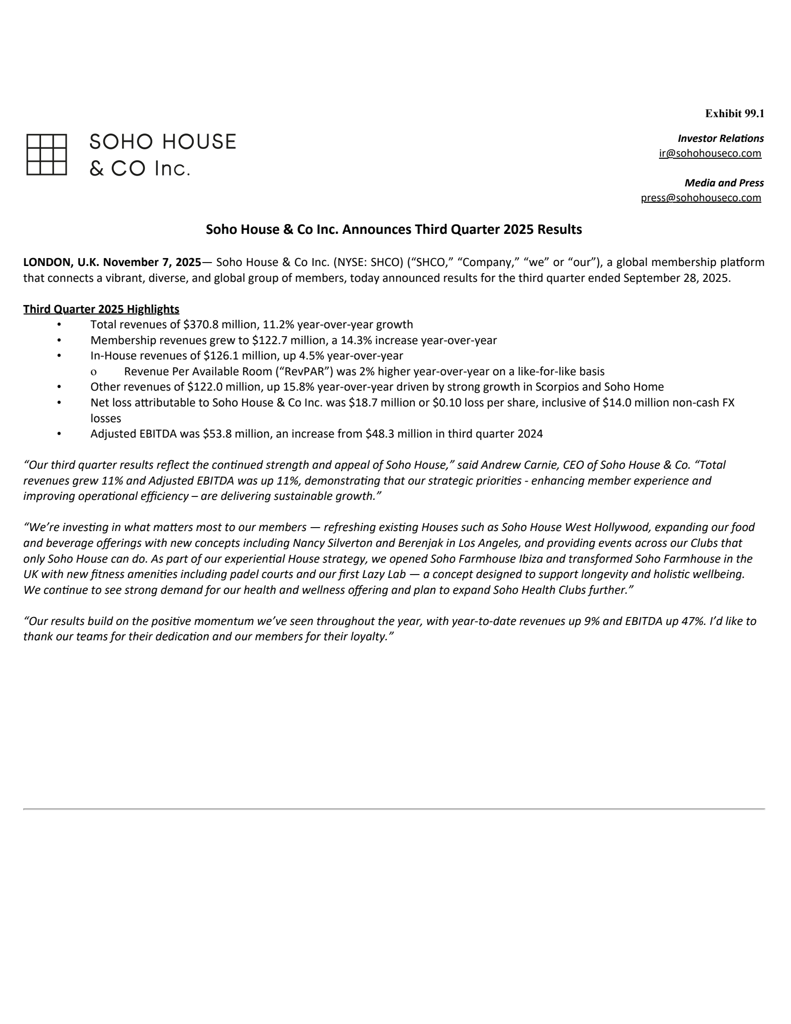 Soho House & Co Inc.'s Q3 2025 Earnings Release