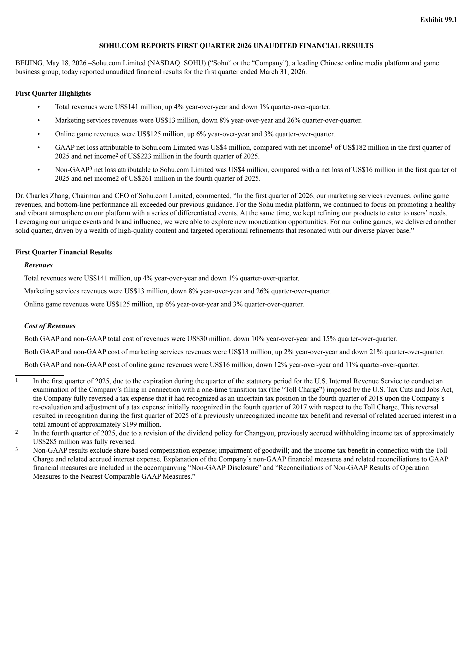 Sohu.com's Q1 2026 Press Release