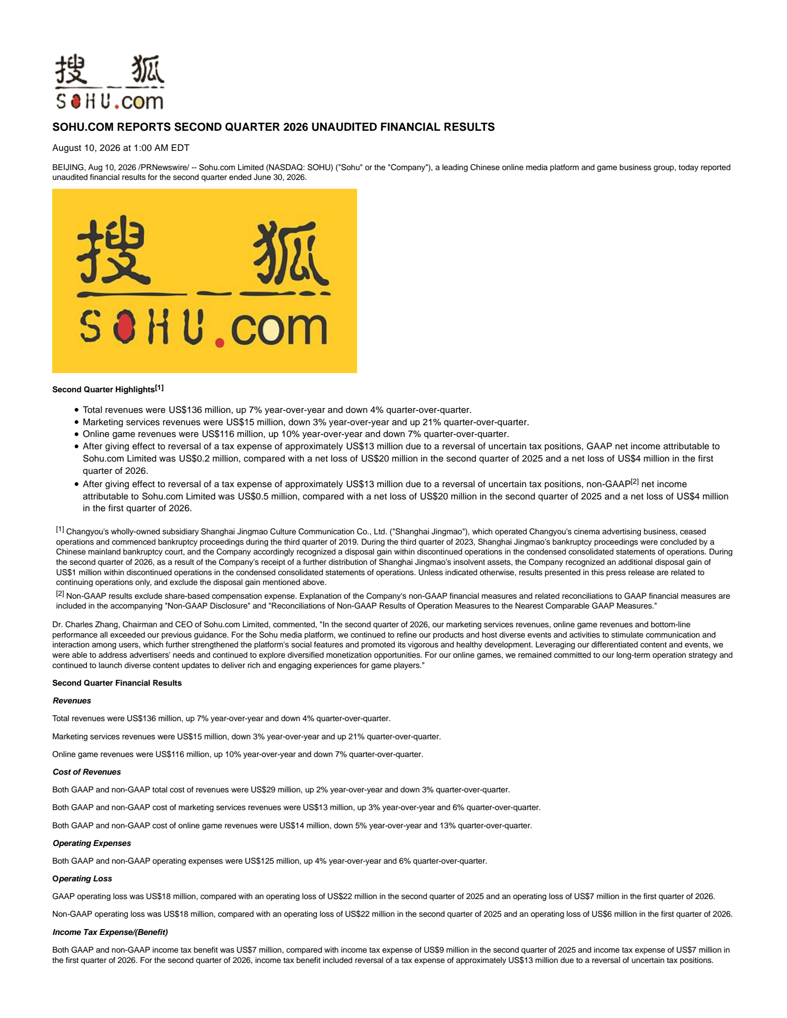Sohu.com's Q2 2026 Press Release