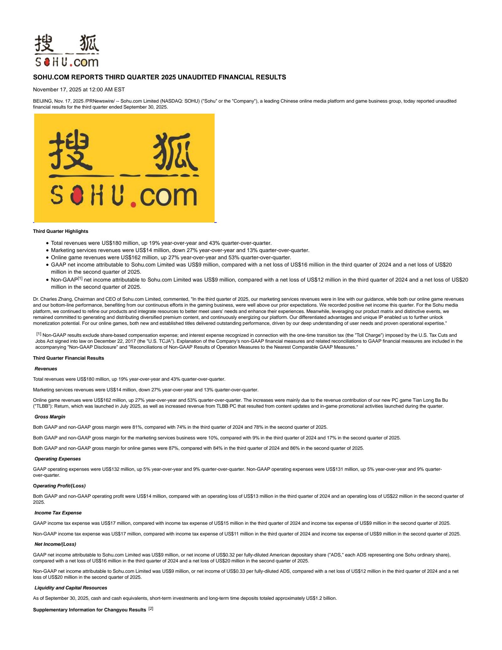 Sohu.com's Q3 2025 Earnings Release
