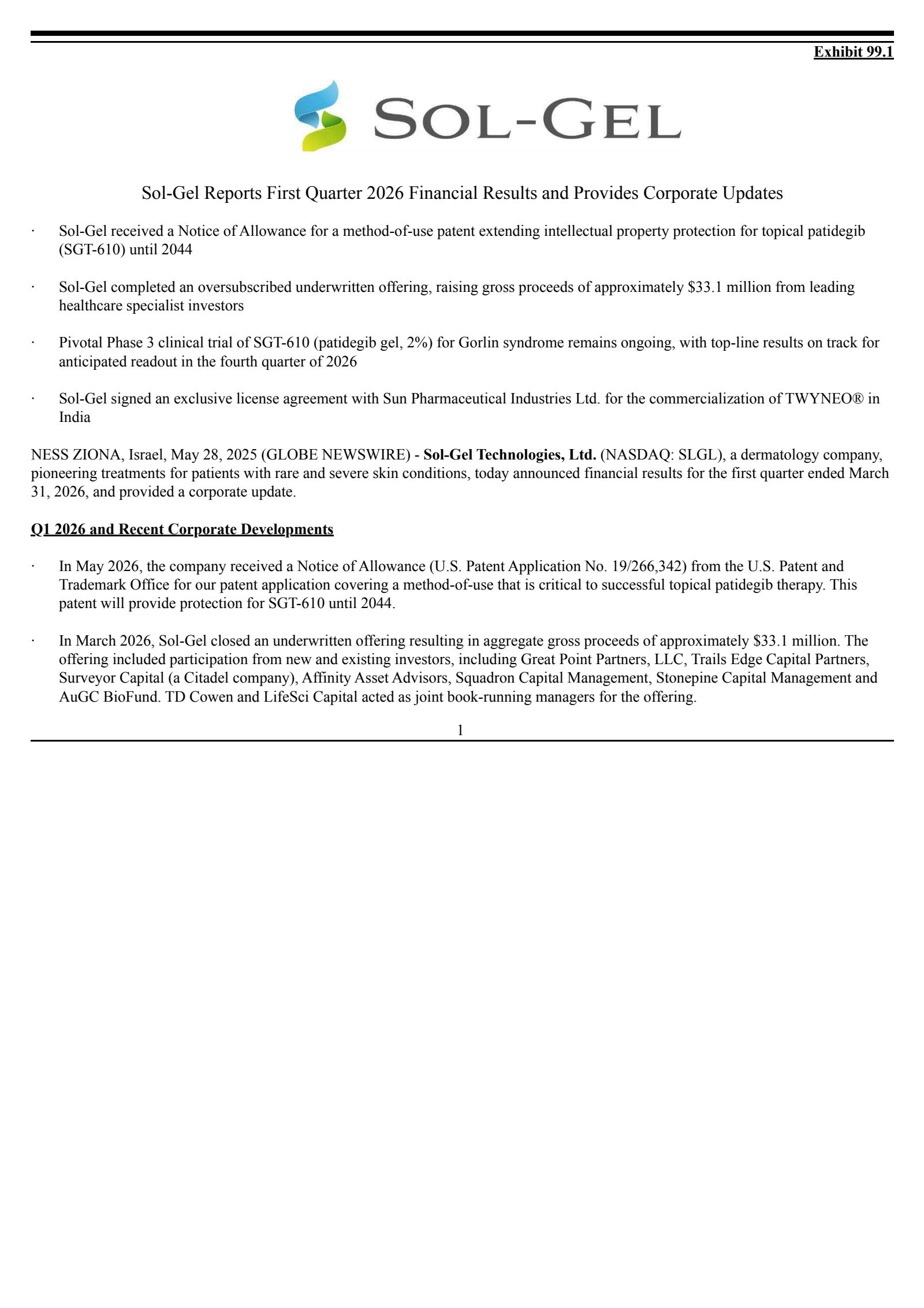 Sol-Gel Technologies' Q1 2026 Press Release