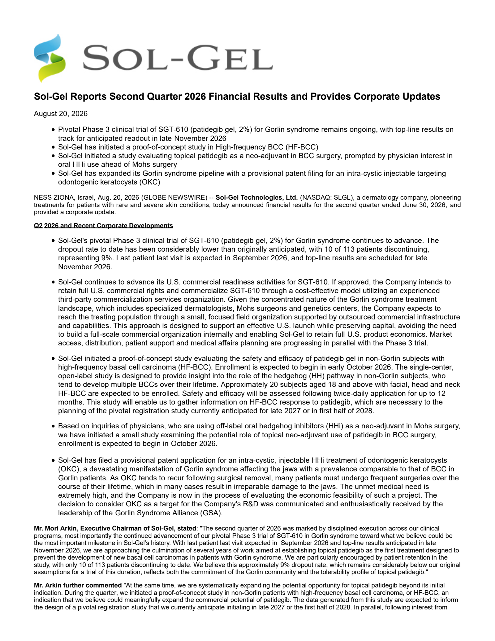 Sol-Gel Technologies' Q2 2026 Press Release