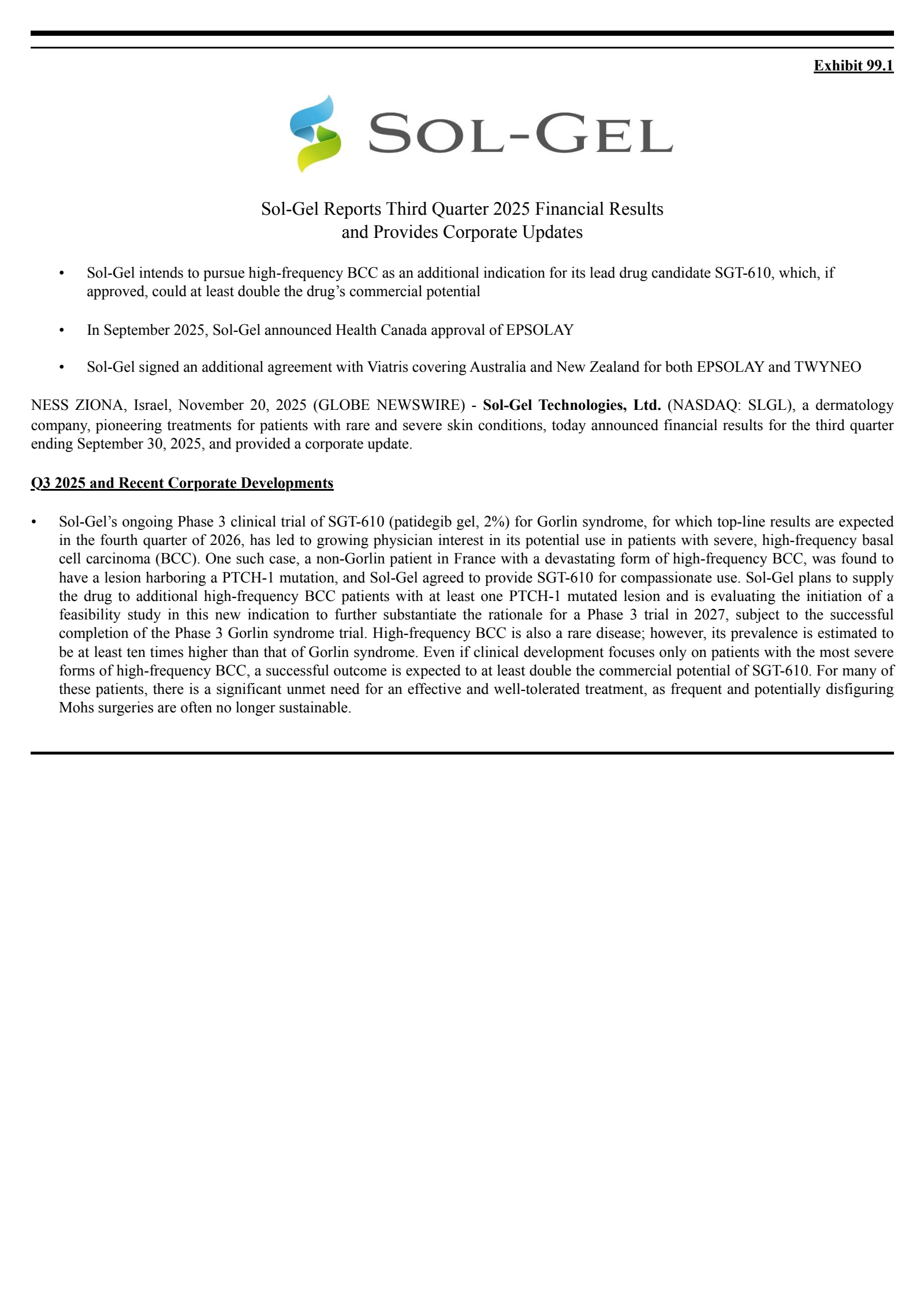 Sol-Gel Technologies' Q3 2025 Earnings Release