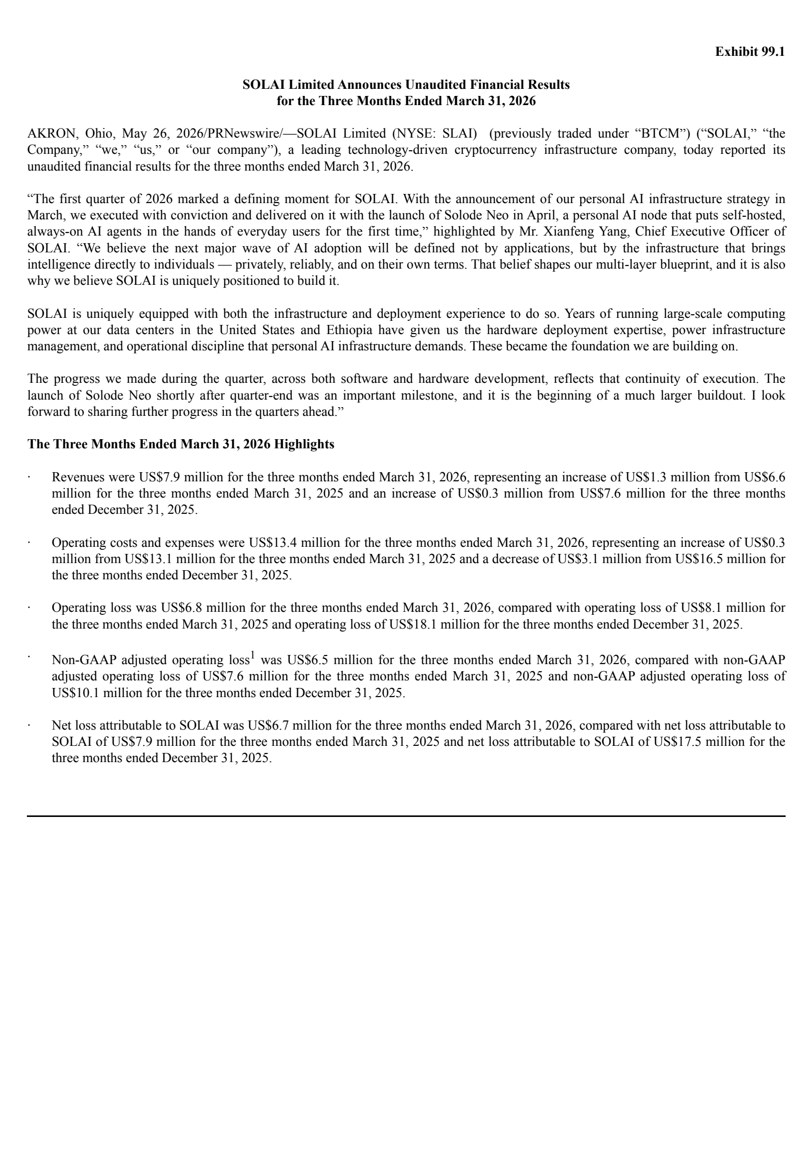 SOLAI's Q1 2026 Press Release