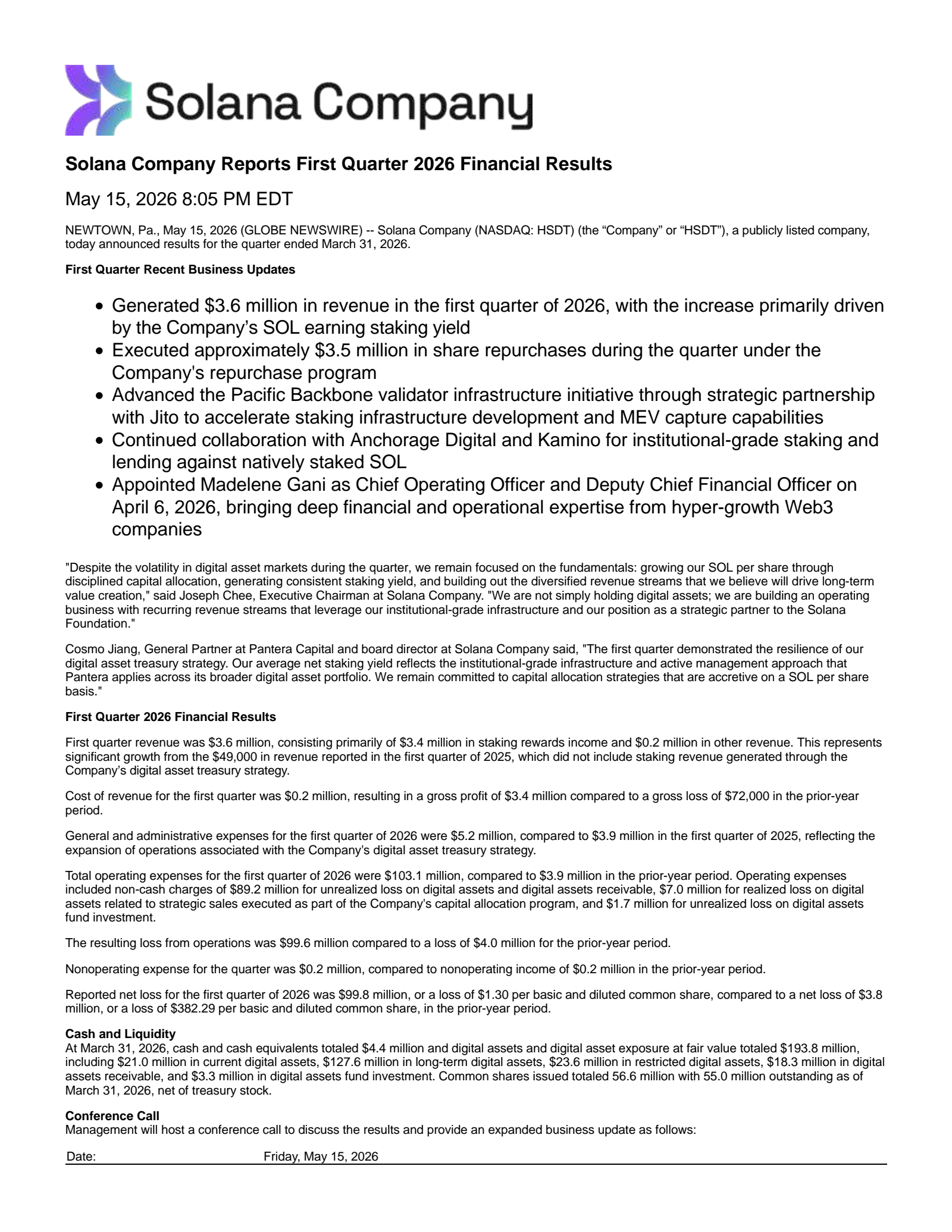 Solana's Q1 2026 Press Release