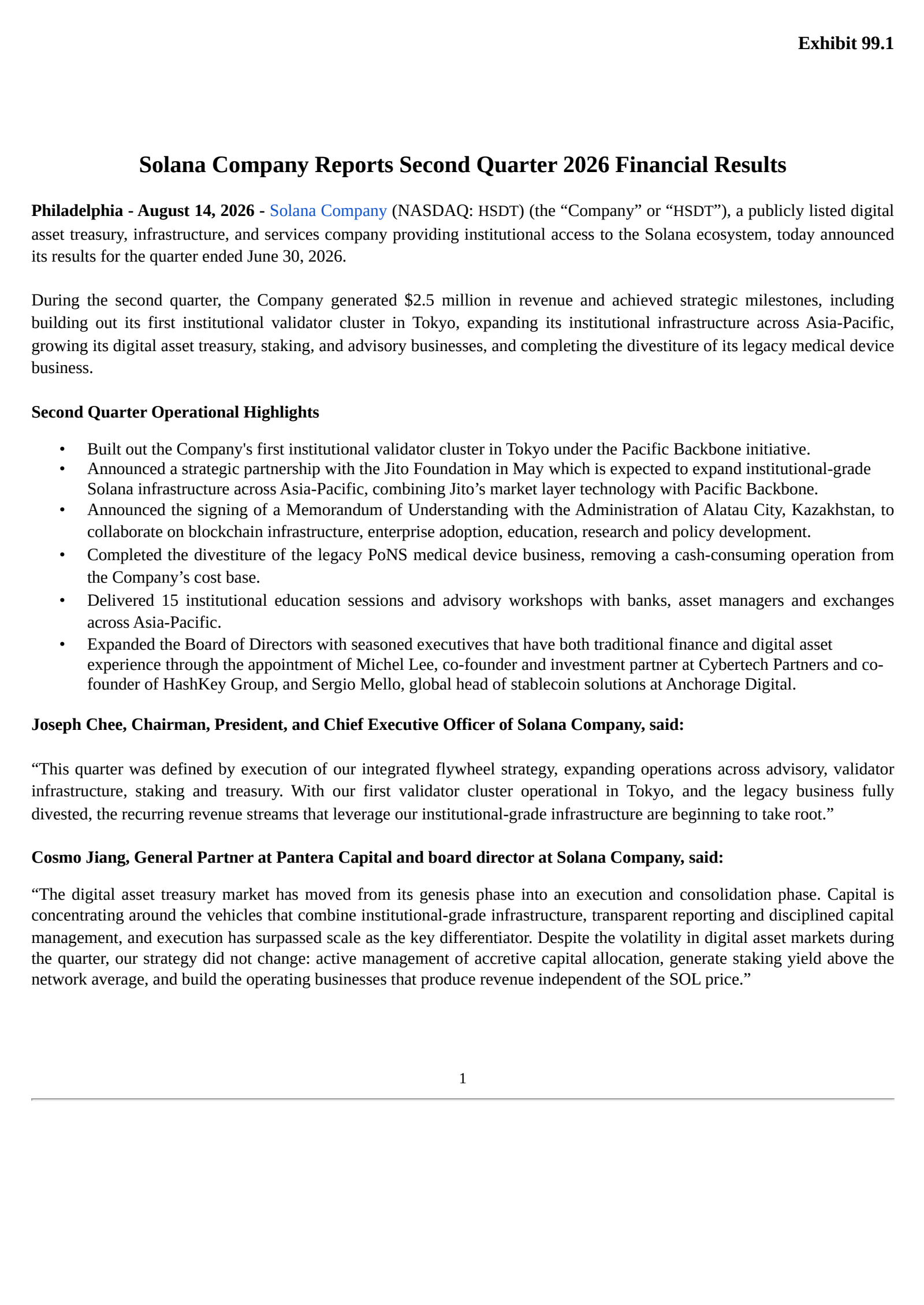 Solana's Q2 2026 Press Release