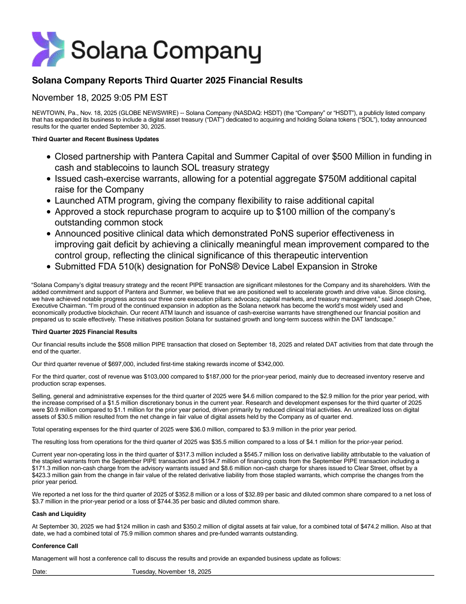 HSDT Q3 2025 Earnings Report on 11/18/2025