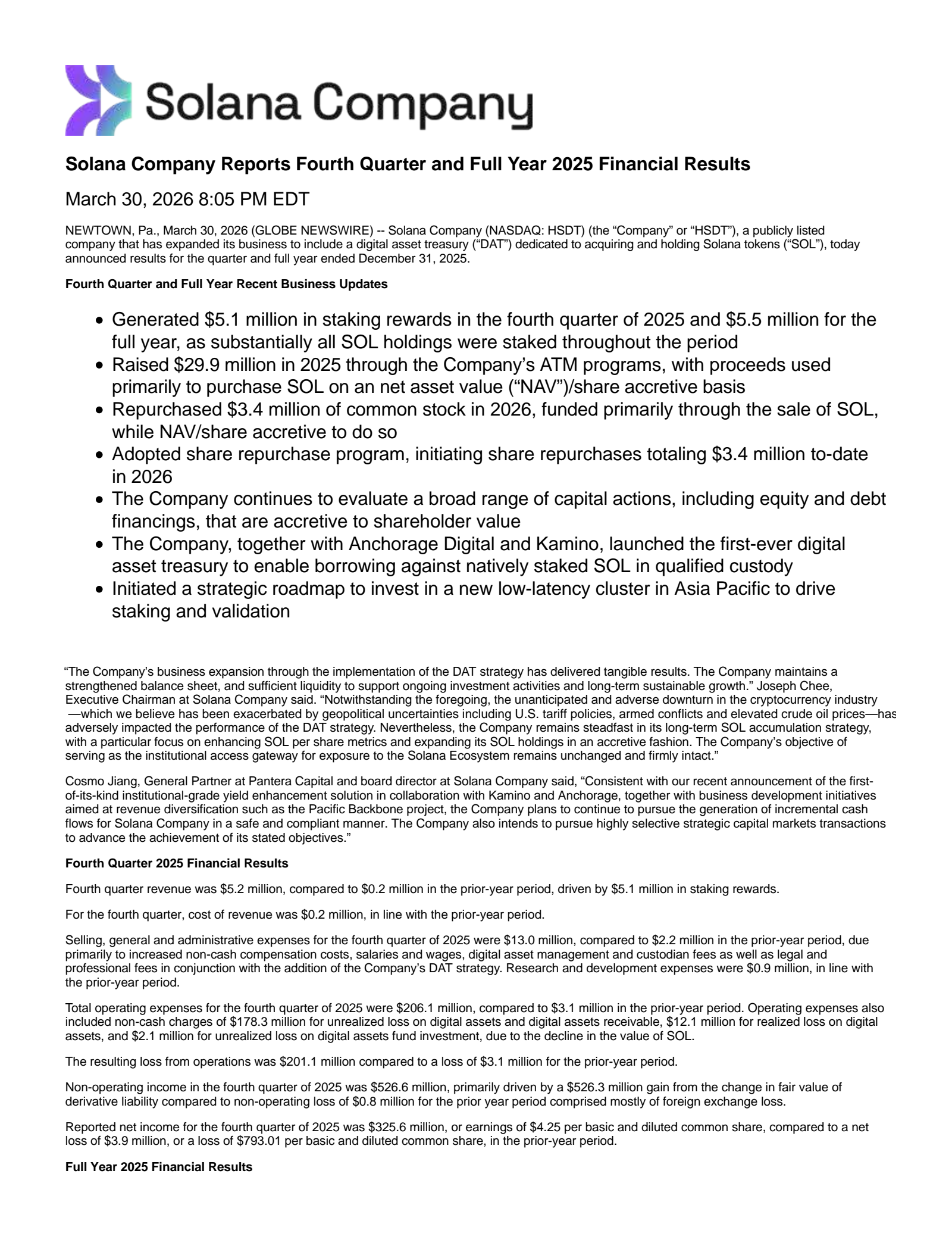 Solana's Q4 2025 Press Release