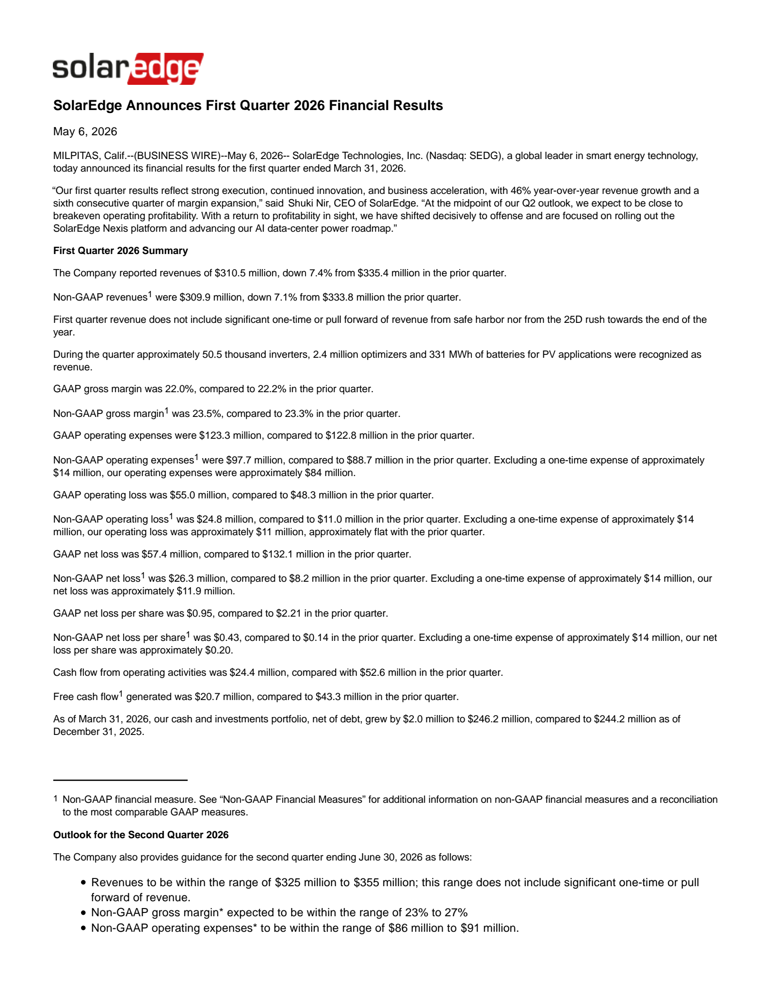 SolarEdge Technologies' Q1 2026 Press Release