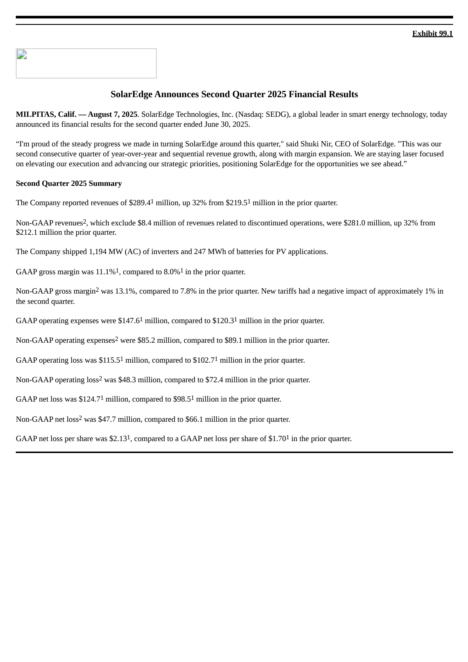 SolarEdge Technologies' Q2 2025 Press Release