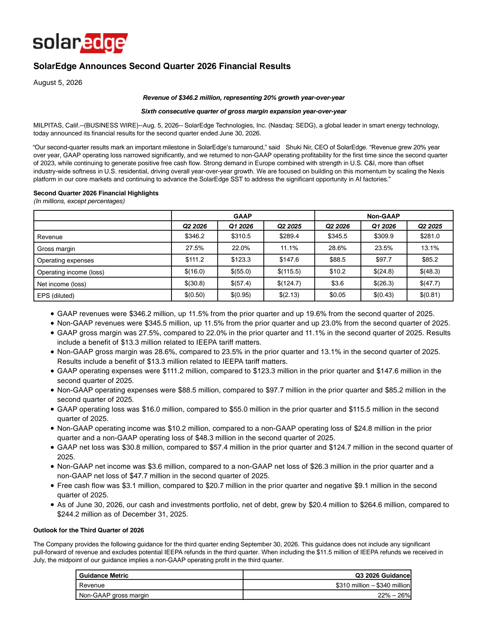 SolarEdge Technologies' Q2 2026 Press Release