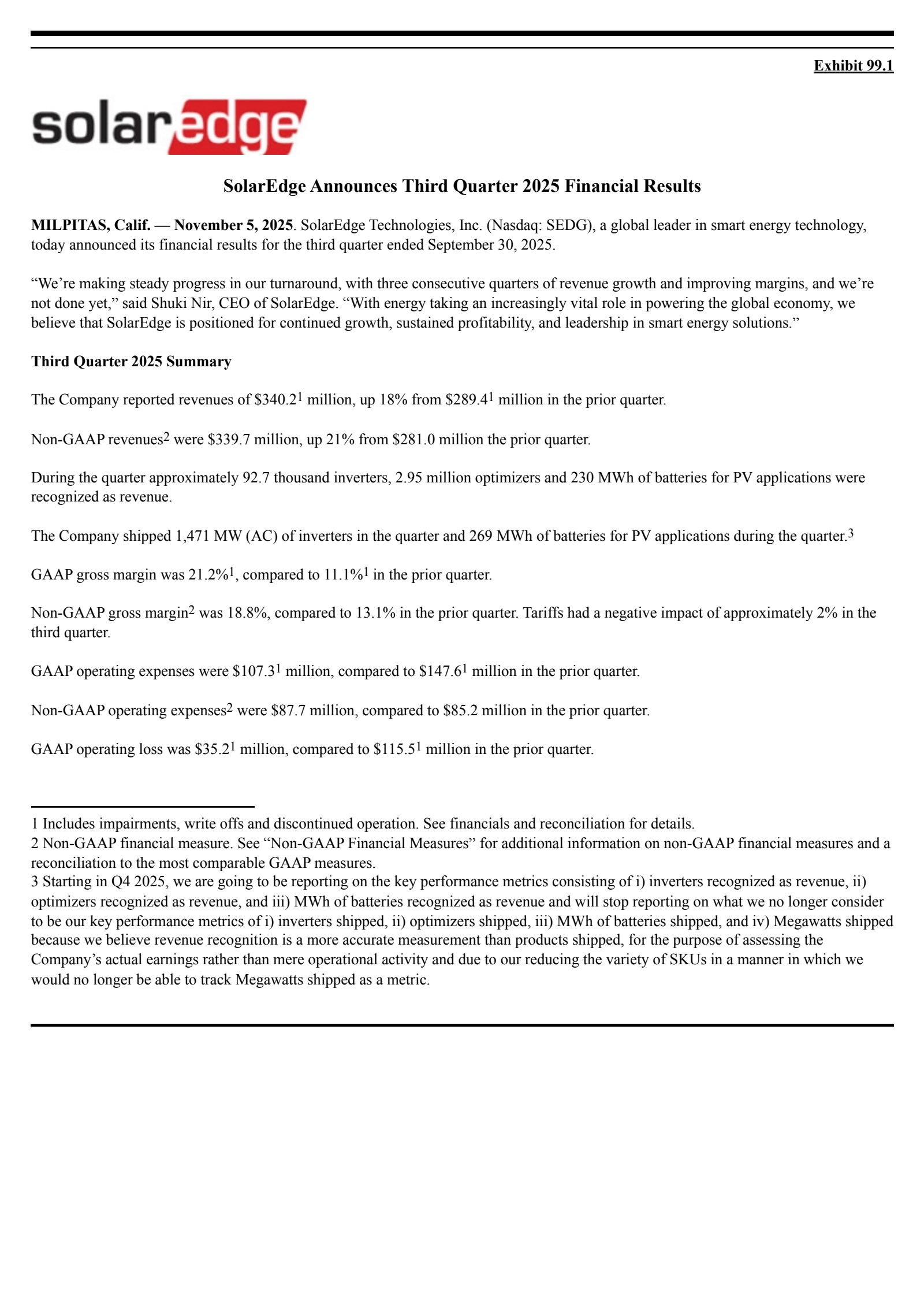 SolarEdge Technologies' Q3 2025 Earnings Release