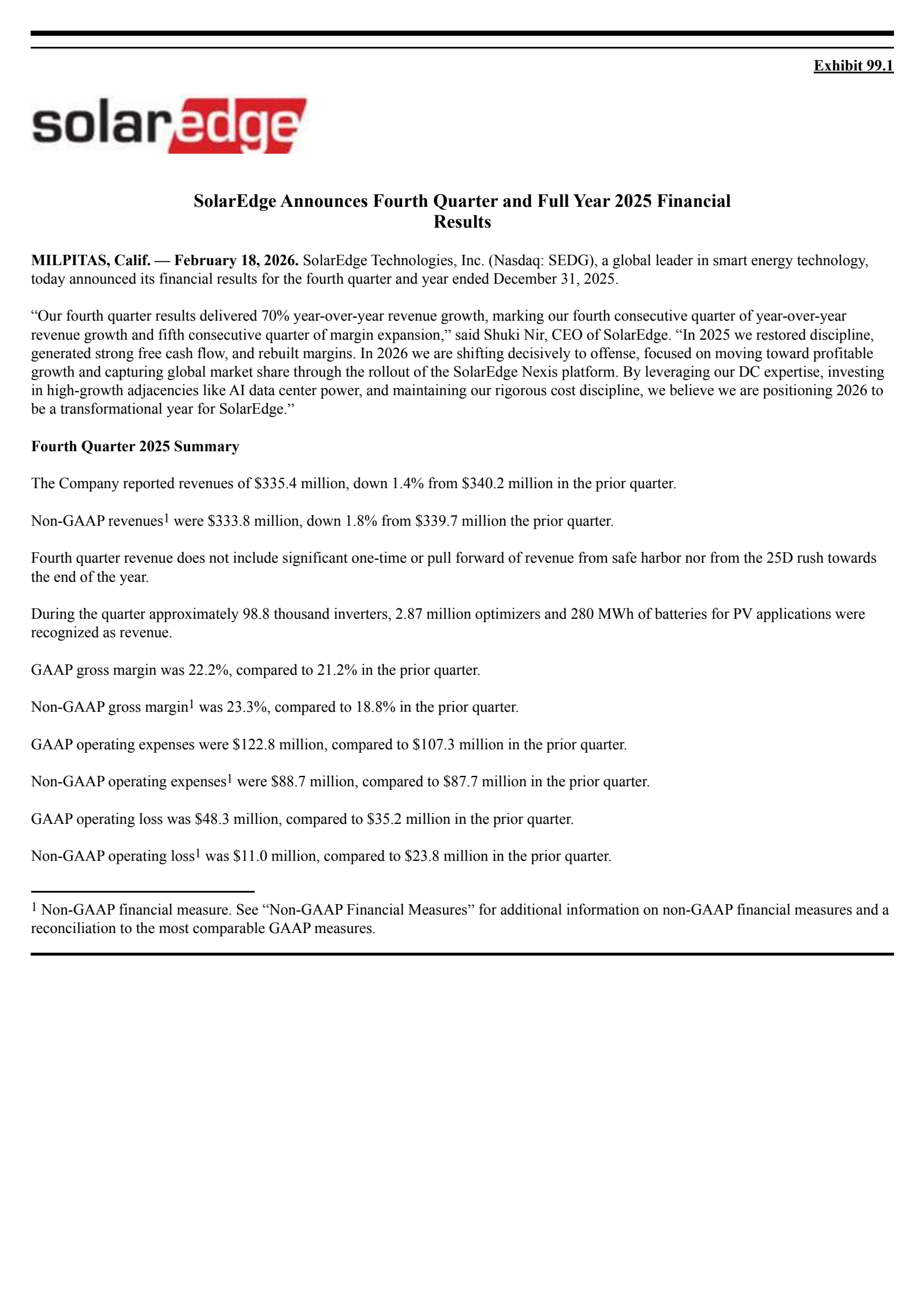 SolarEdge Technologies' Q4 2025 Press Release