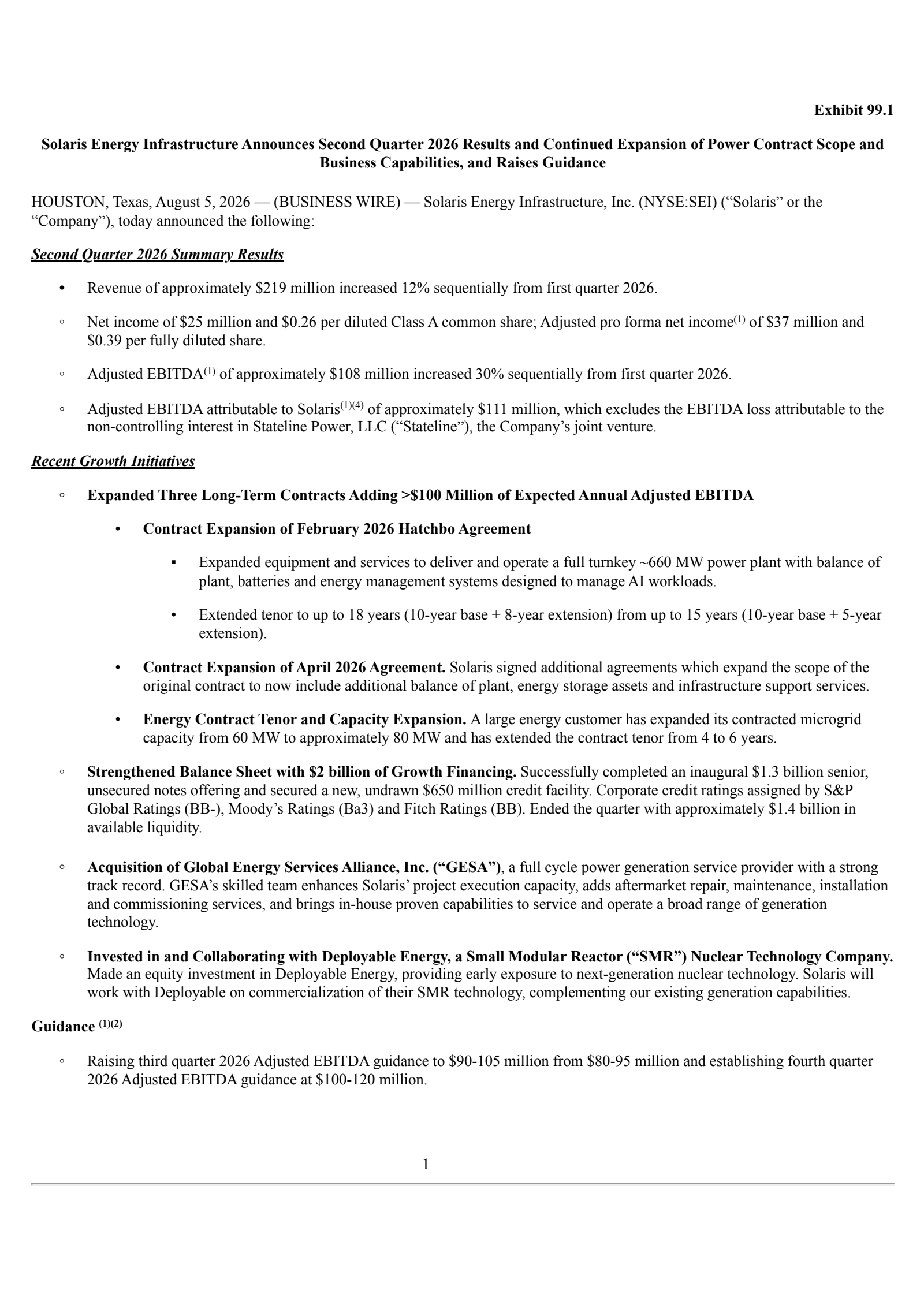 Solaris Energy Infrastructure's Q2 2026 Press Release