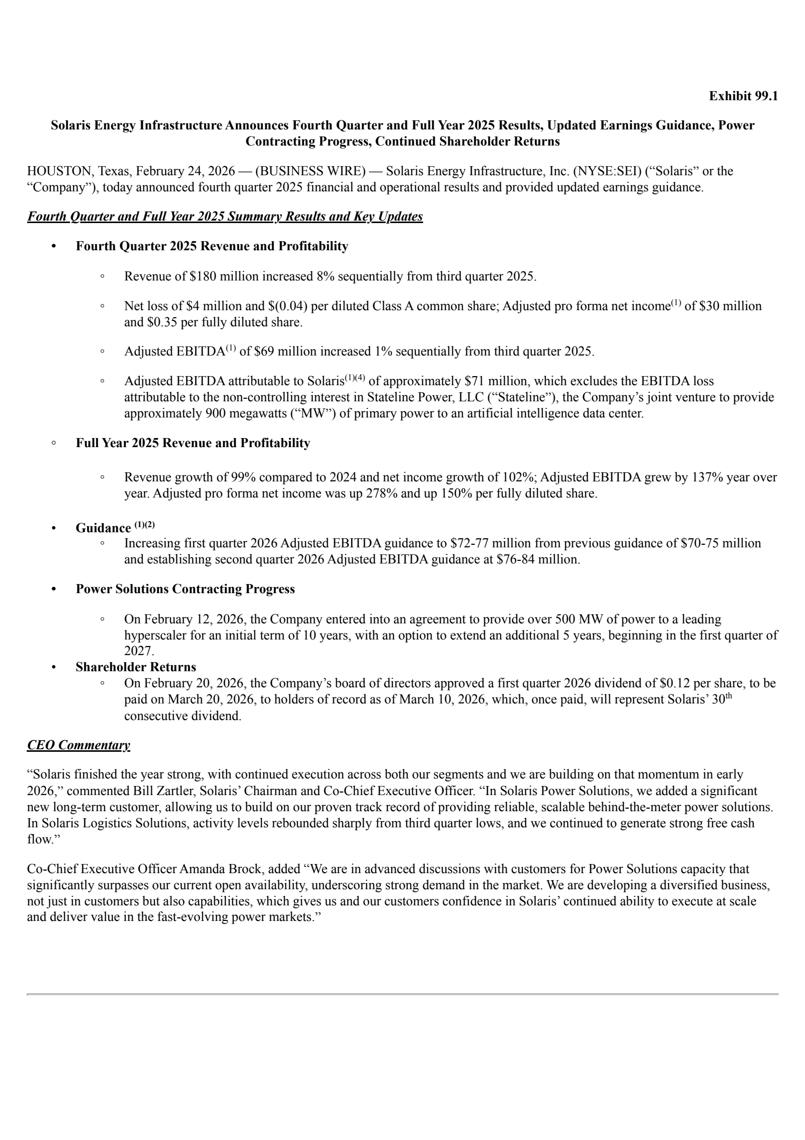 Solaris Energy Infrastructure's Q4 2025 Press Release