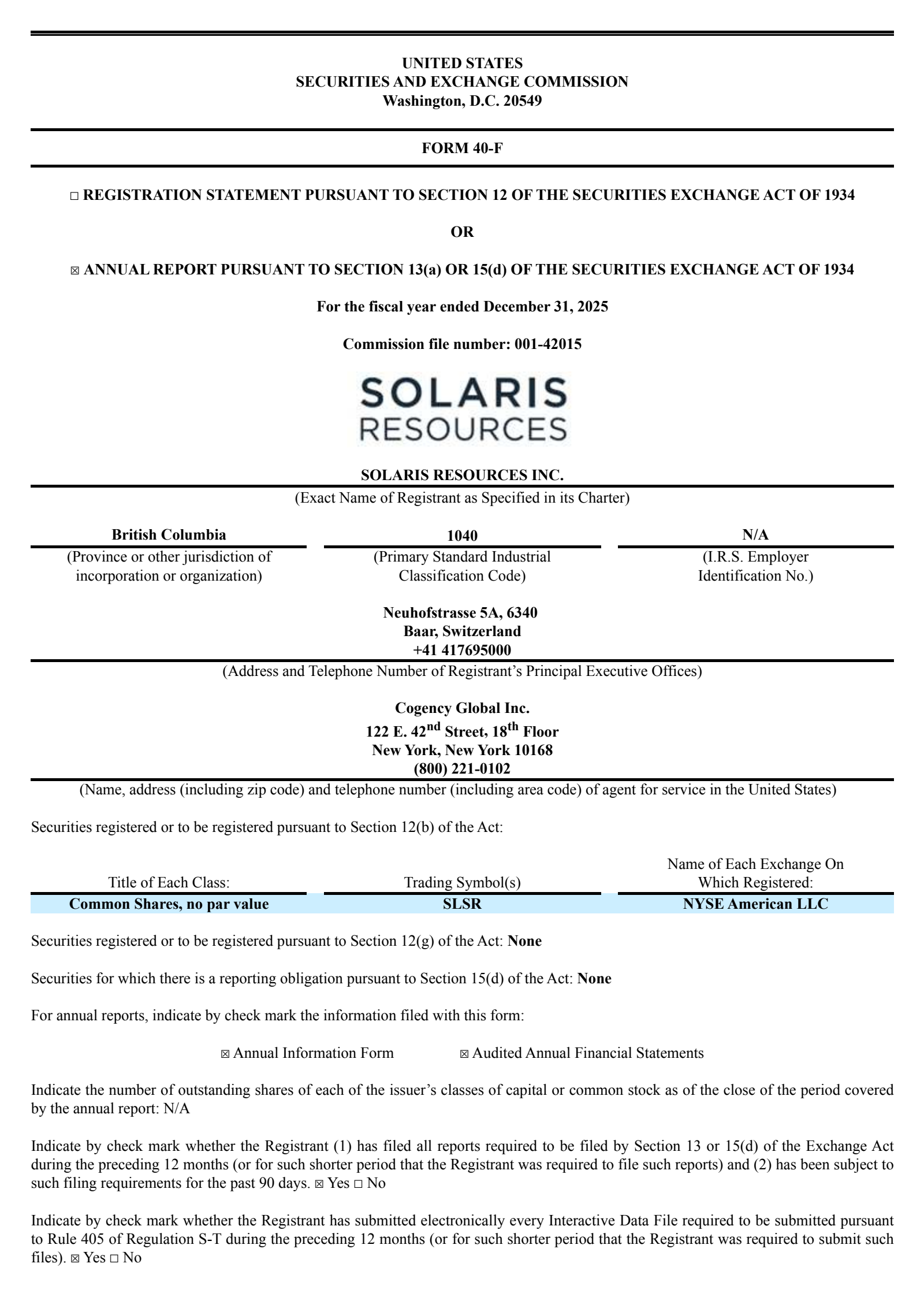 Solaris Resources' Q4 2025 Annual report