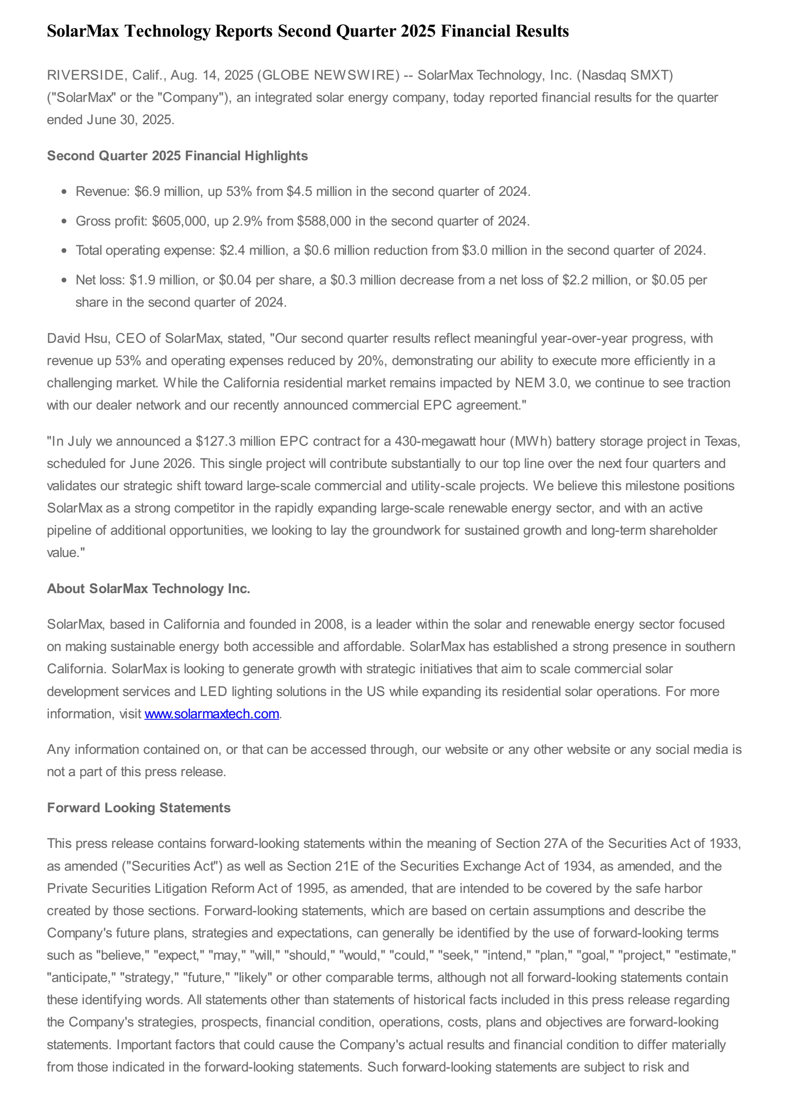 Solarmax Technology's Q2 2025 Press Release