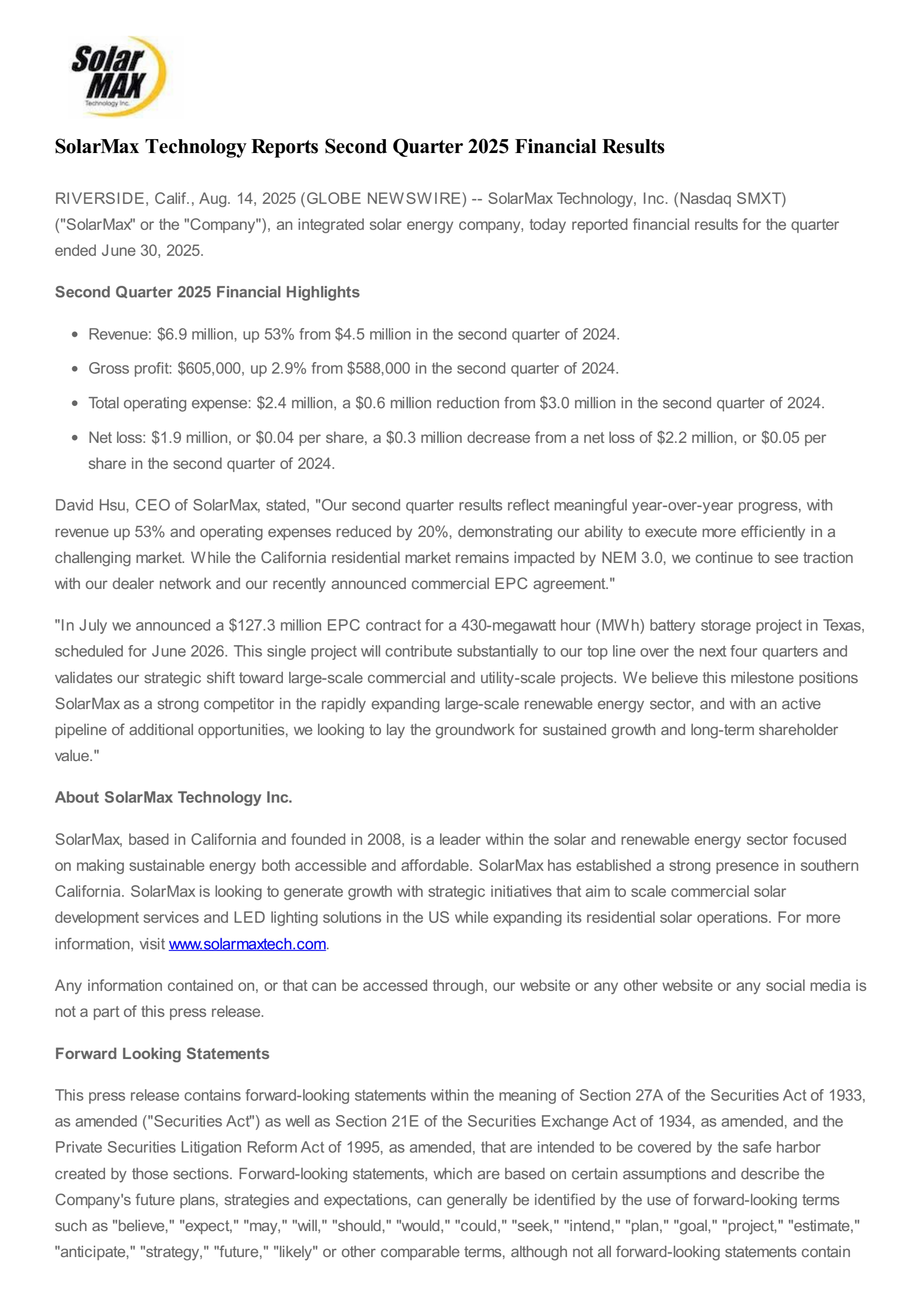 Solarmax Technology's Q3 2025 Earnings Release