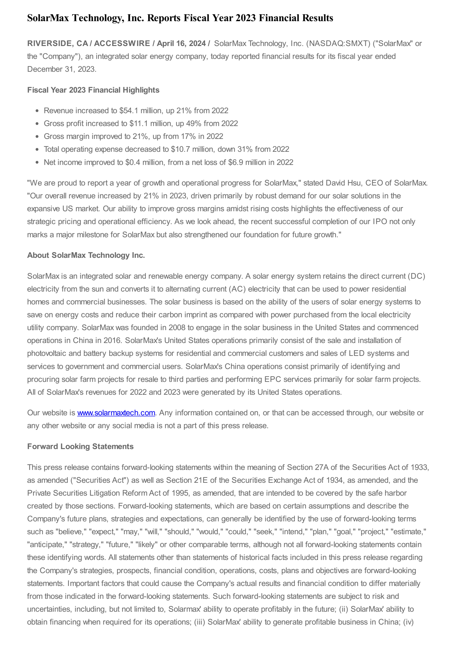 SolarMax Technology's Q4 2023 Press Release