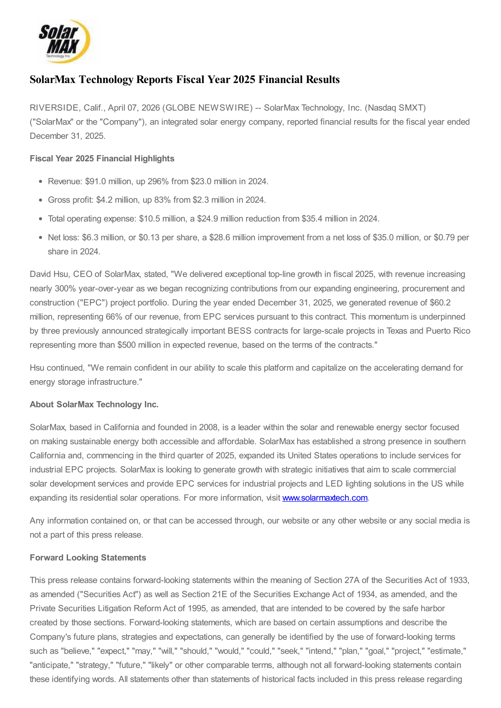 Solarmax Technology's Q4 2025 Press Release