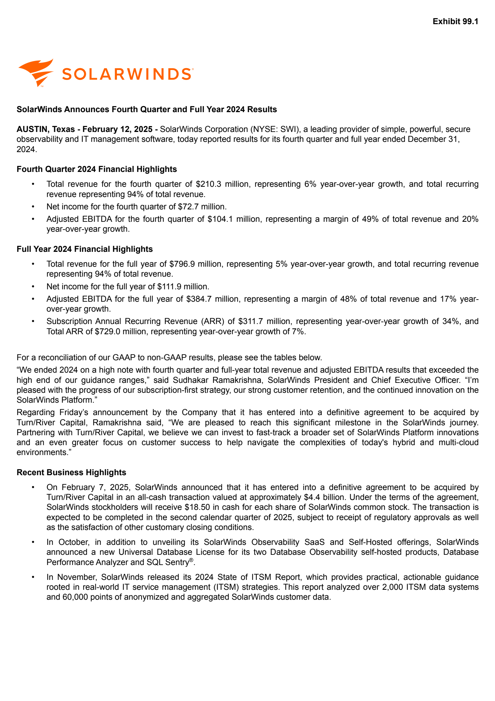 SolarWinds' Q4 2024 Press Release