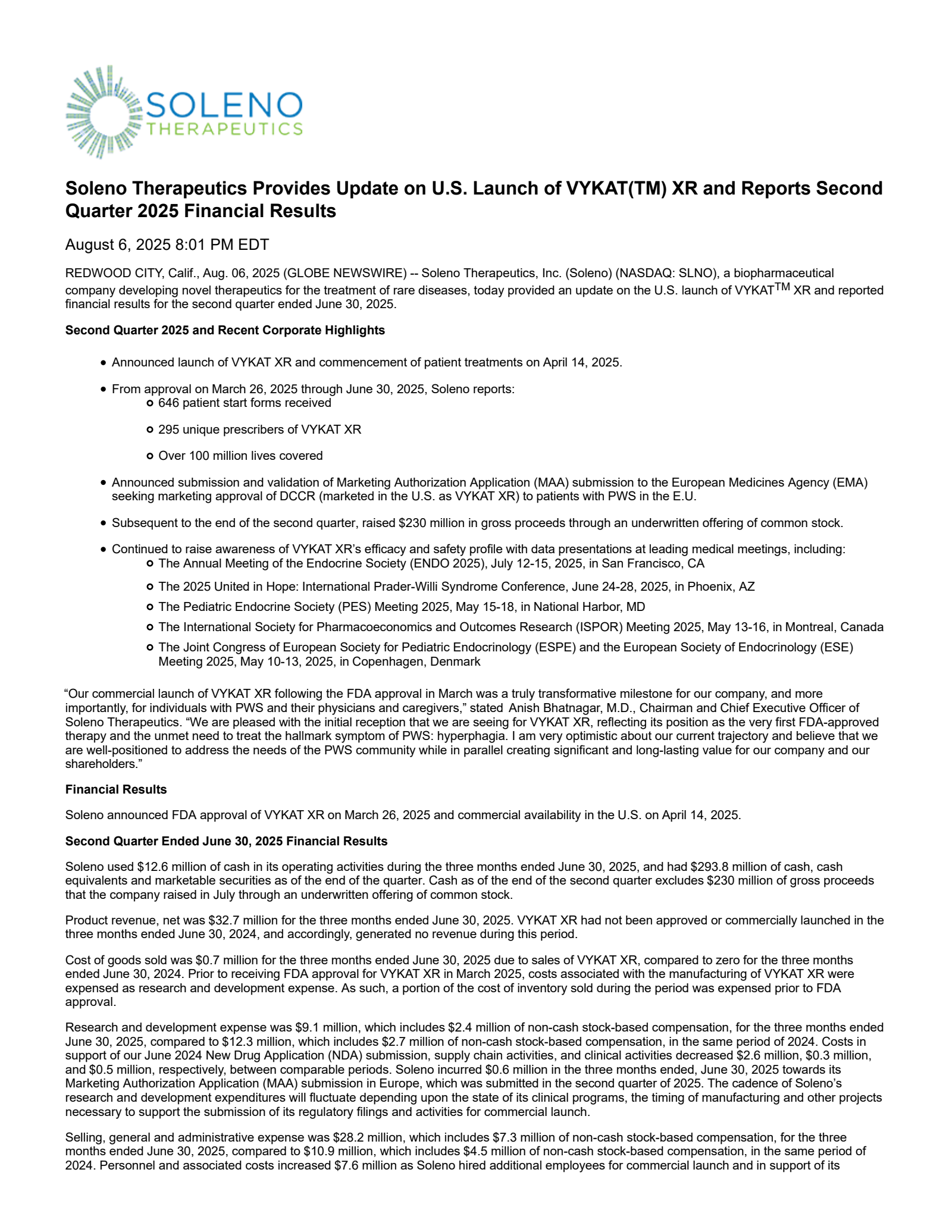 Soleno Therapeutics' Q2 2025 Press Release