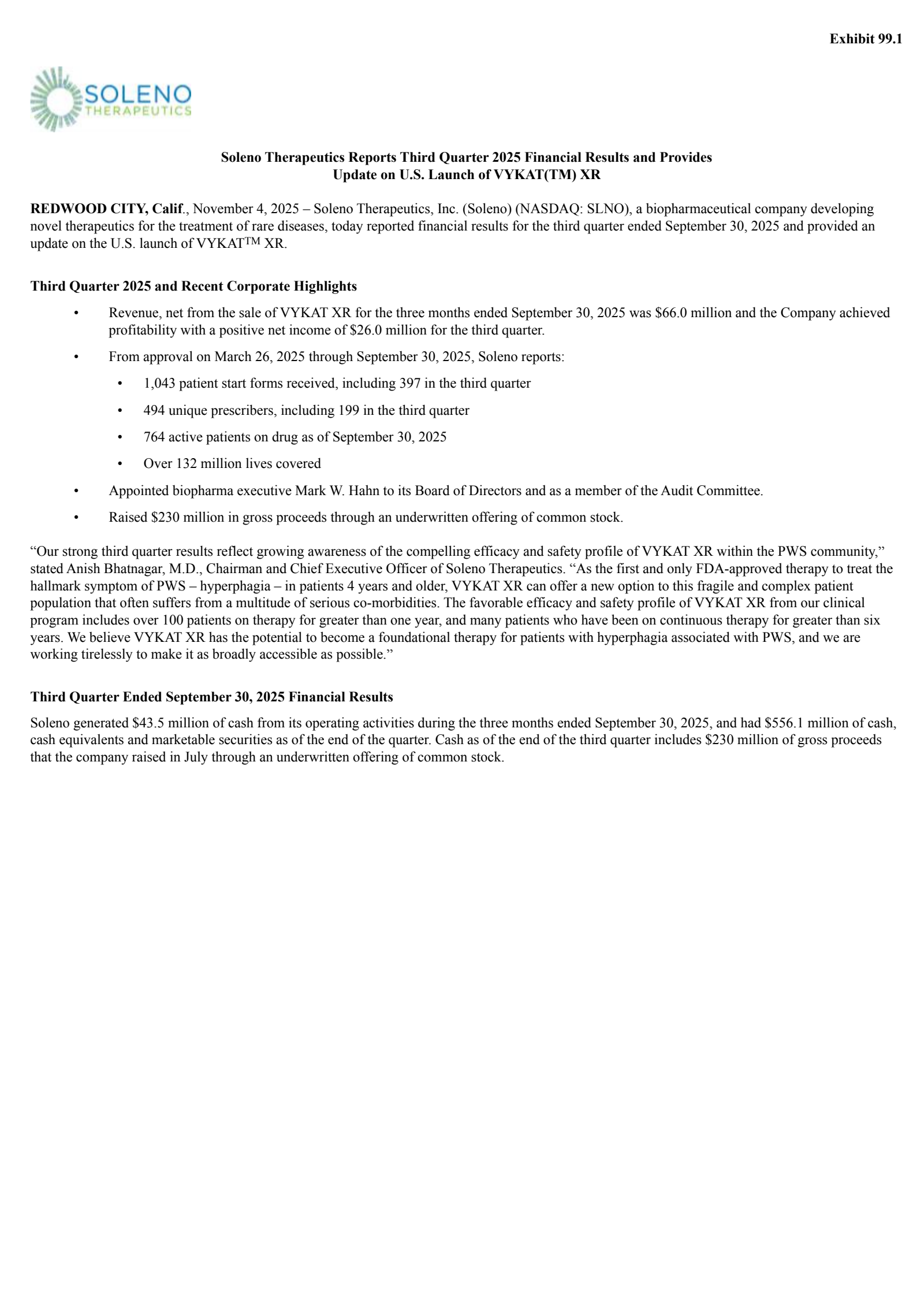 Soleno Therapeutics' Q3 2025 Earnings Release