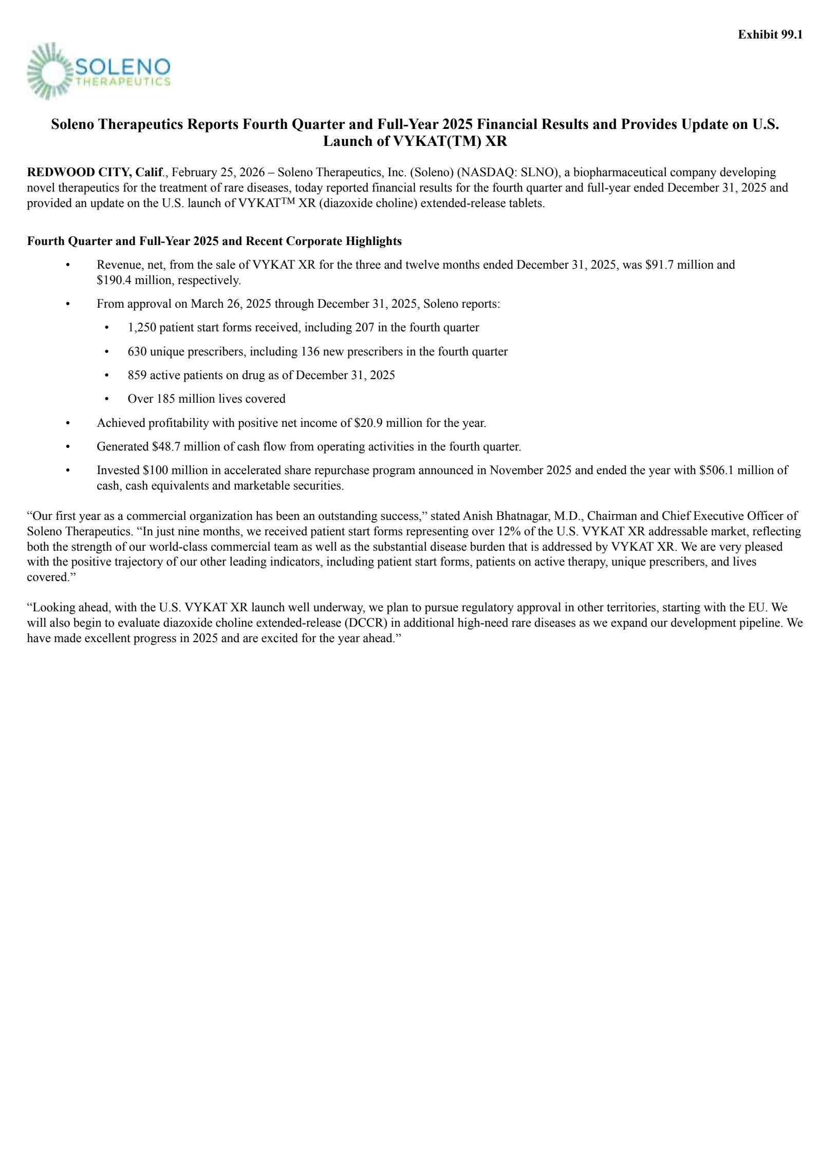 Soleno Therapeutics' Q4 2025 Press Release
